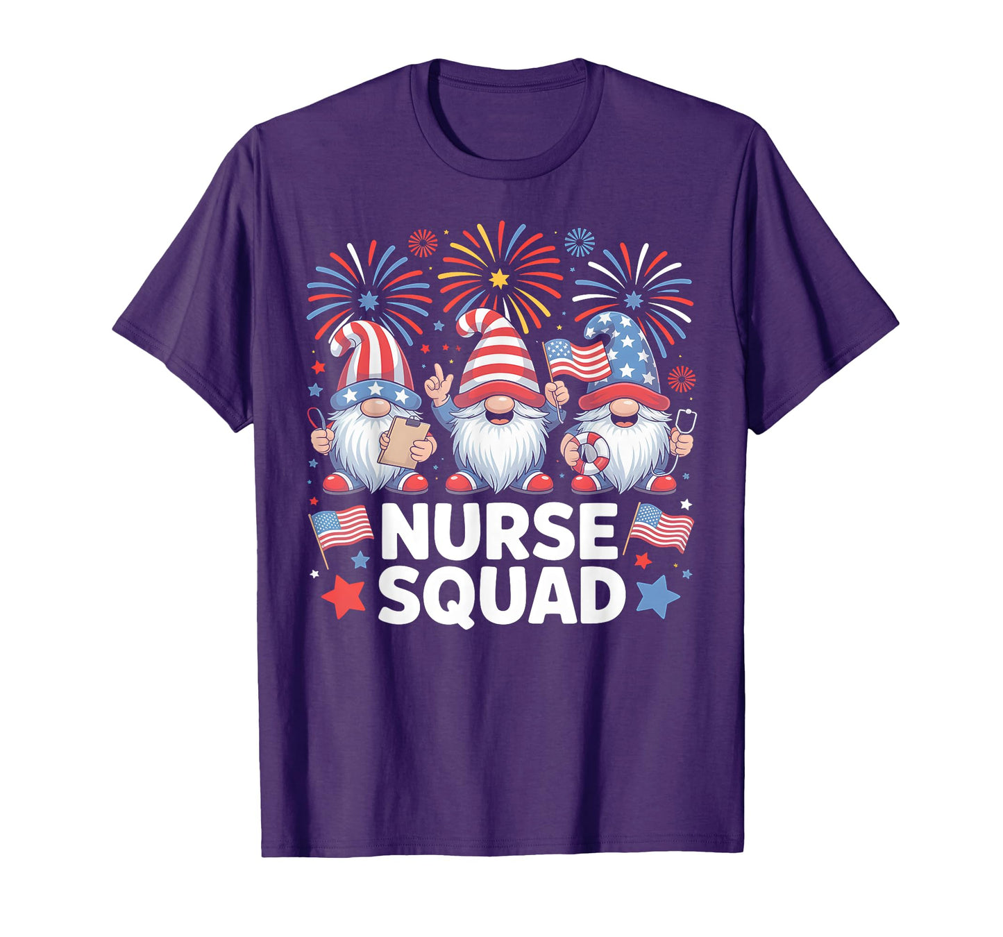 4th of July Patriotic Gnome Nurse Squad Fireworks Design T-Shirt