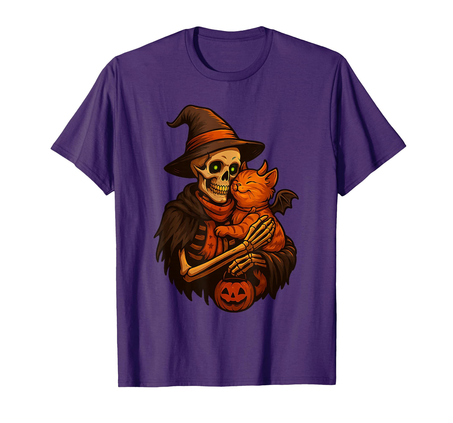 Skeleton Cat Pumpkin Halloween Funny Cute Men Women Lazy T-Shirt