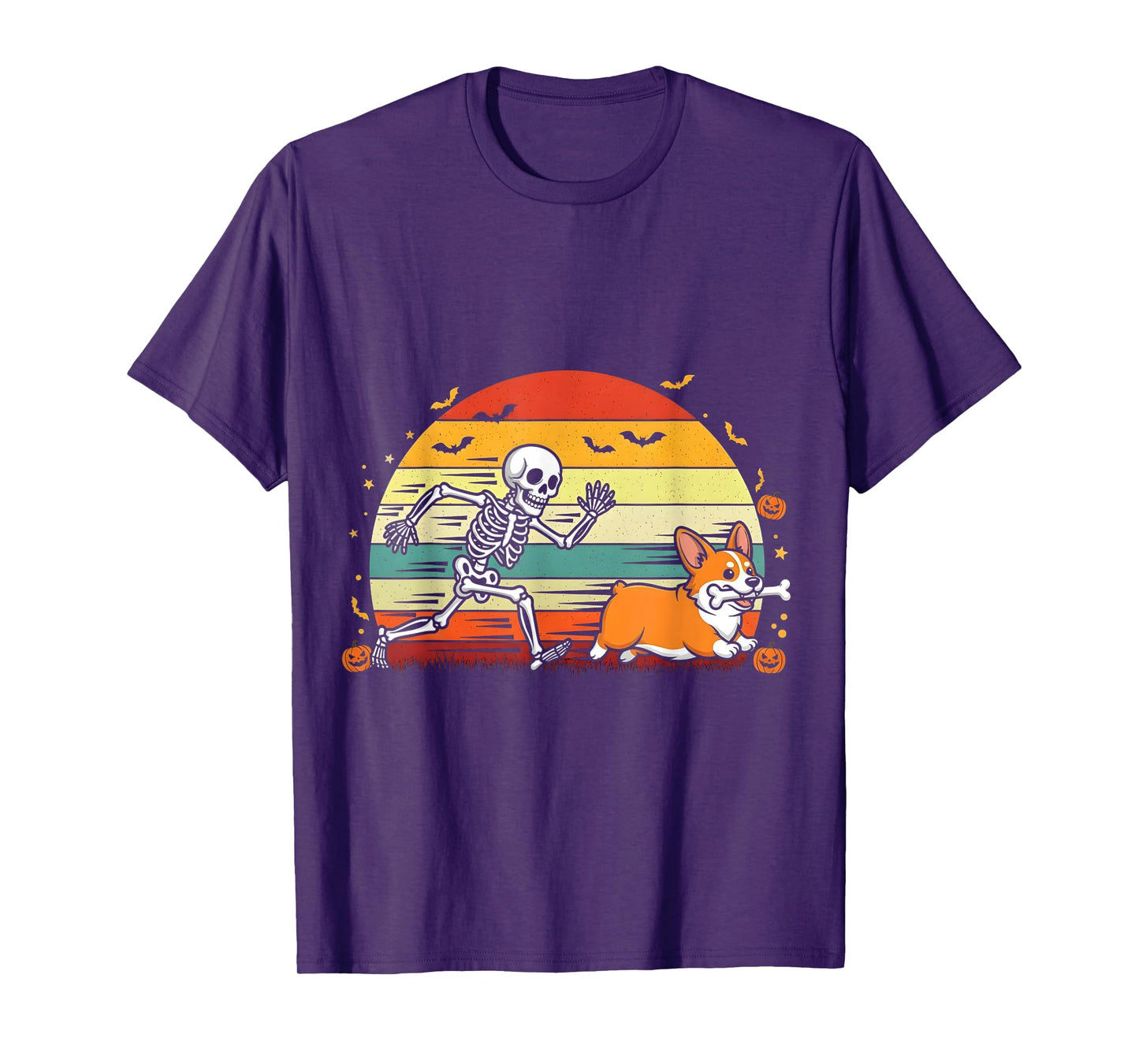 Skeleton Chasing Corgi Funny Halloween T-Shirt