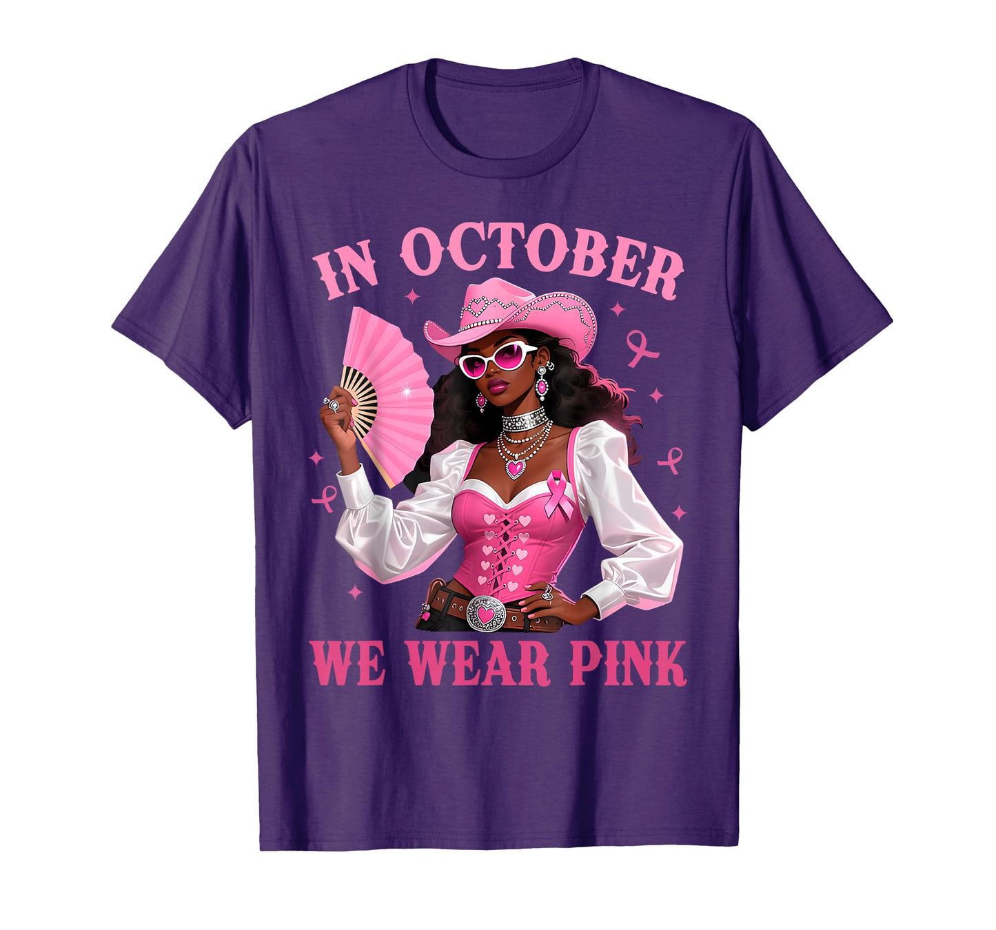 in October We Wear Pink Afro Western Cowgirl Breast Cancer T-Shirt