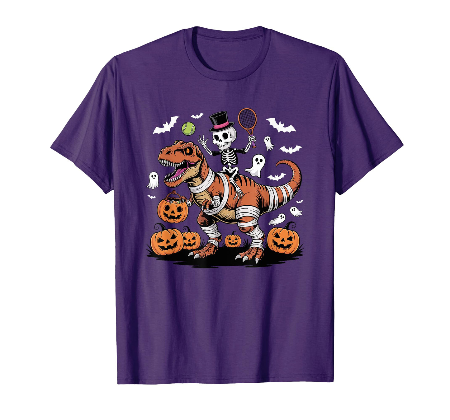 Tennis Skeleton Riding Mummy Dinosaur T-Rex Halloween Boys T-Shirt