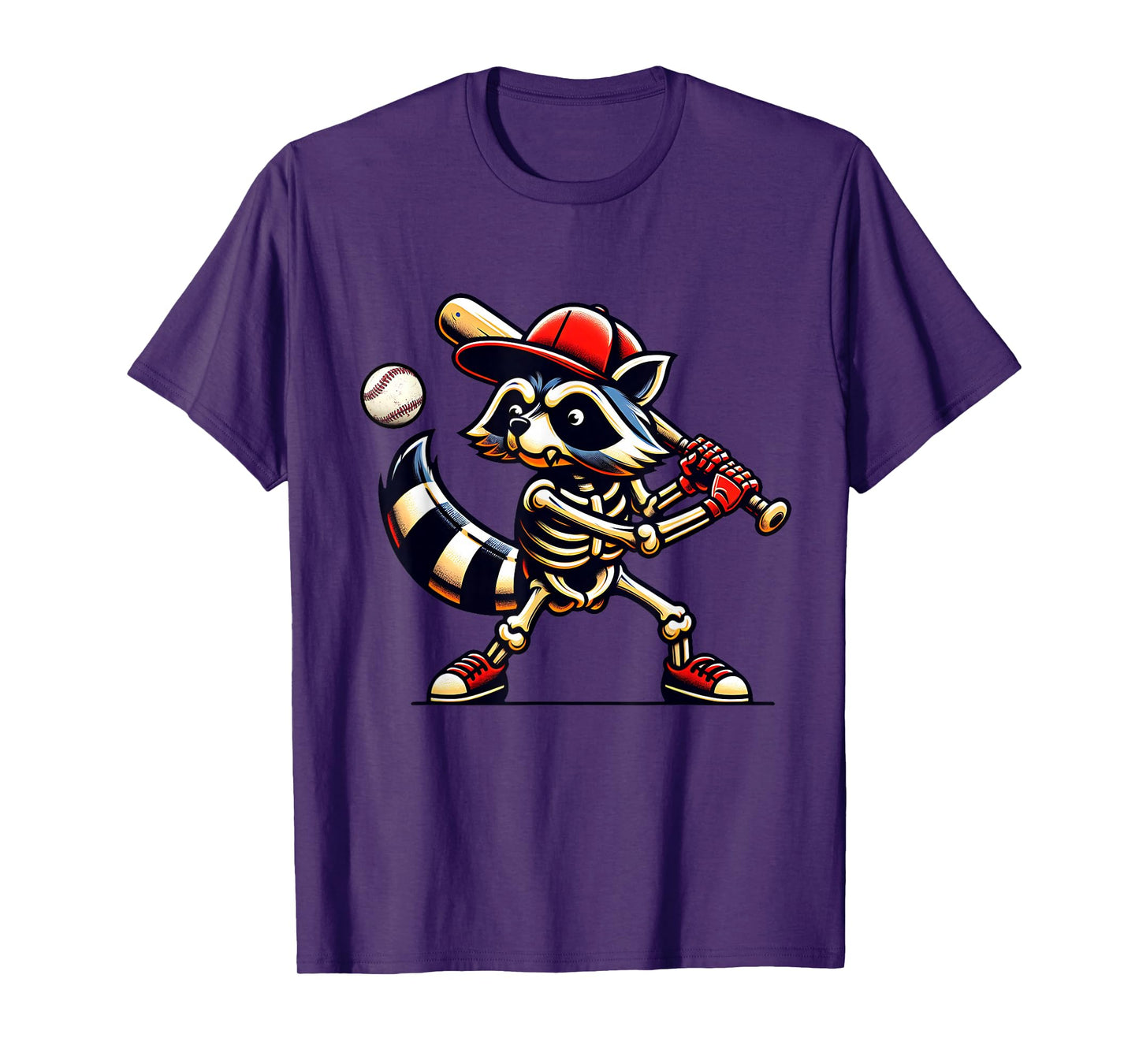 Raccoon Skeleton Baseball Halloween Boys Slugger Trash Panda T-Shirt
