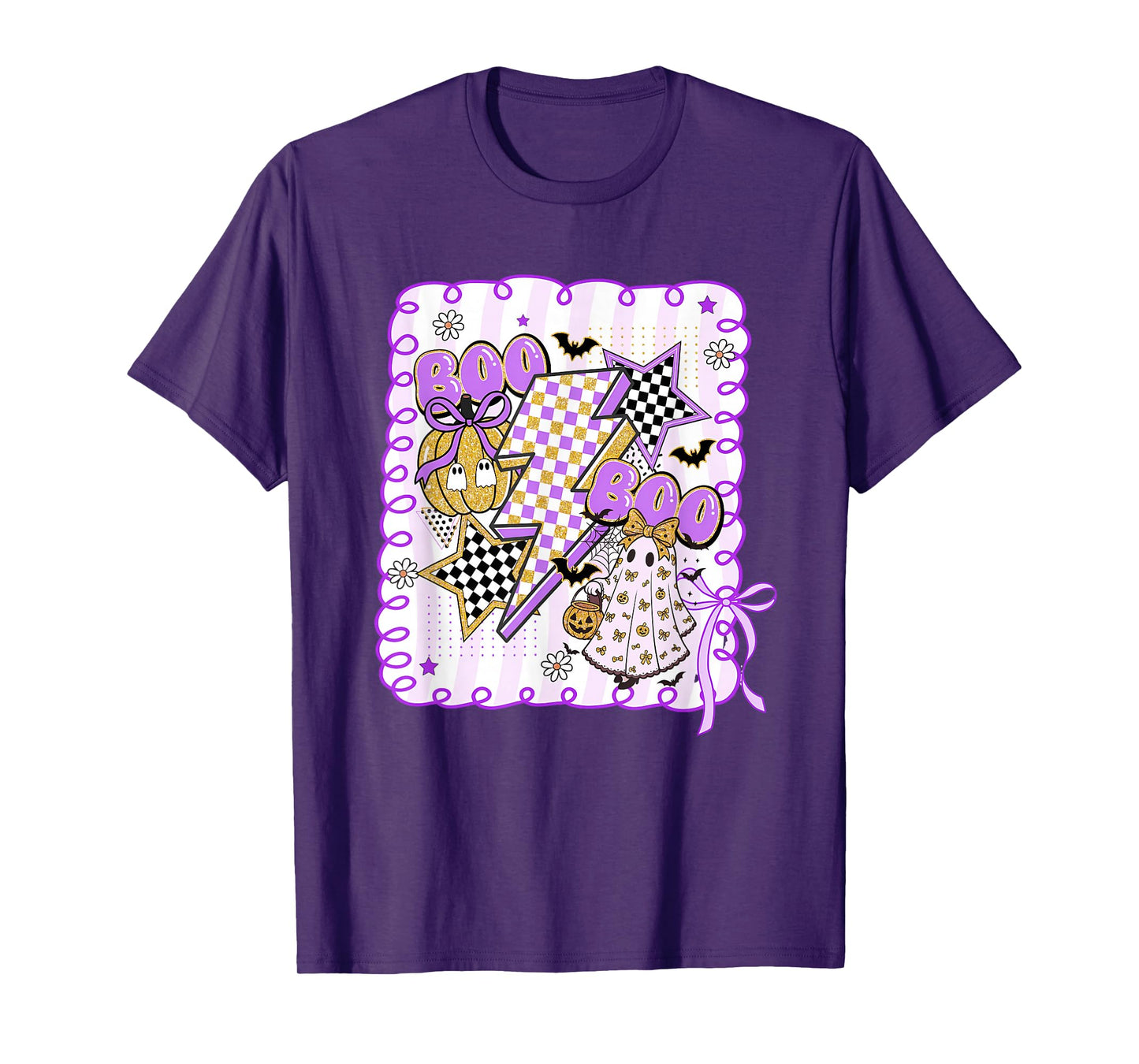 Preppy Coquette Boo Halloween Checkered Ghost Pumpkin Outfit T-Shirt