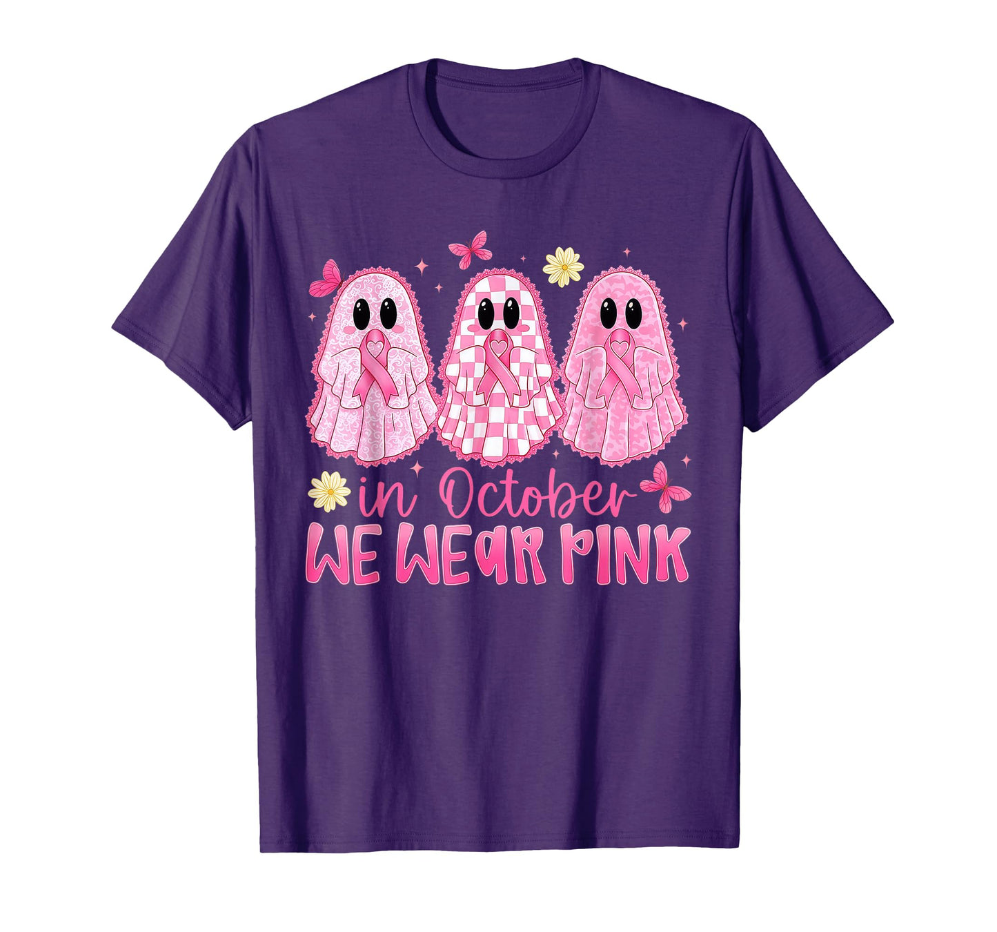 in October We Wear Pink Ghost Witch Breast Cancer Awareness T-Shirt