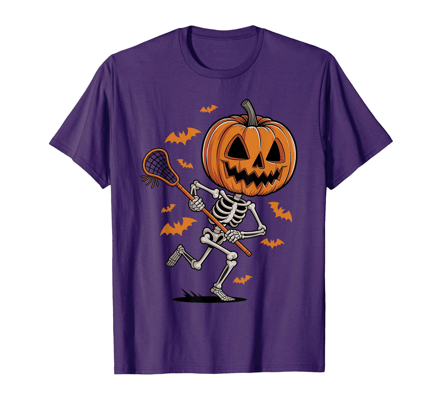 Funny Creepy Pumpkin Skeleton Playing Lacrosse Halloween T-Shirt
