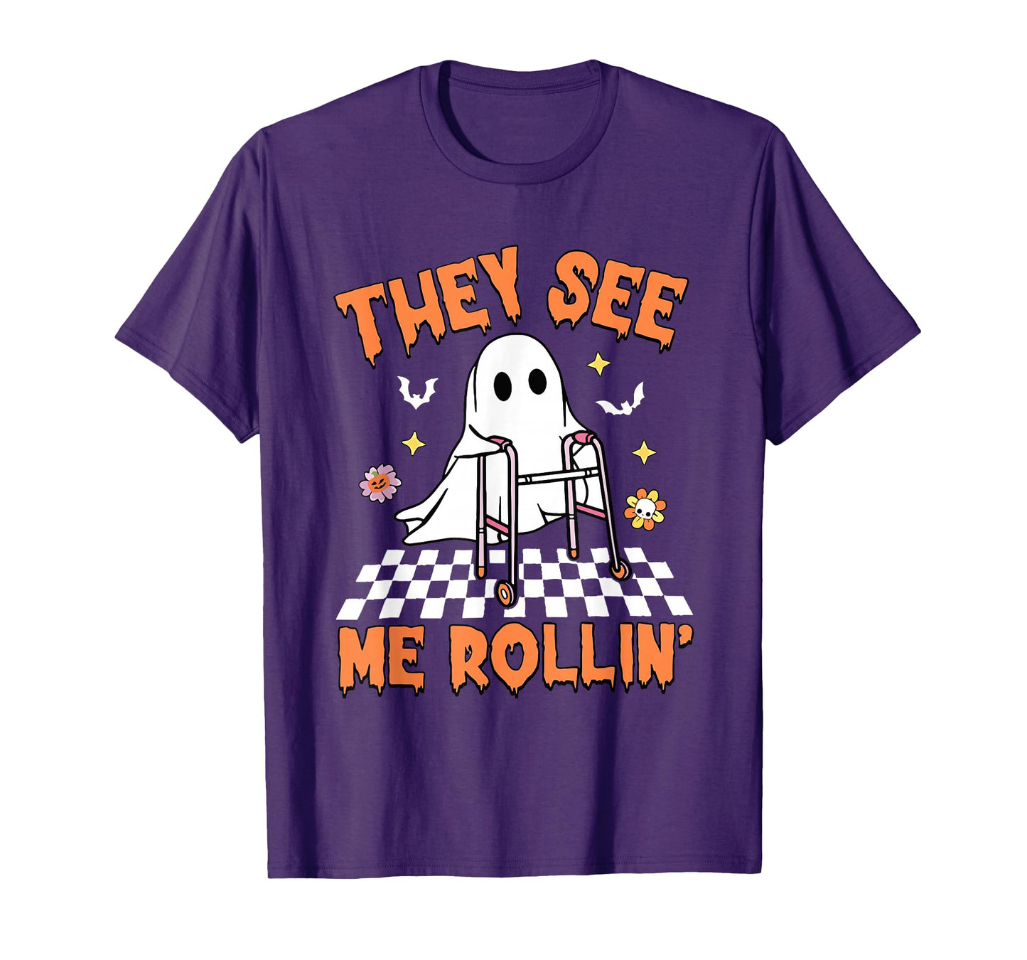 They See Me Rollin' Halloween Checkered Floral Ghost Therapy T-Shirt