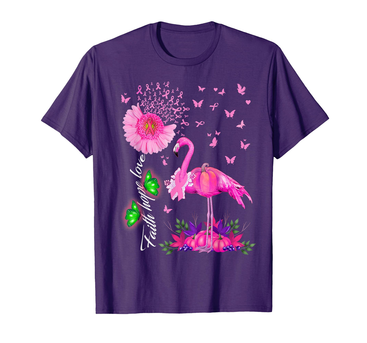 Flamingo Faith Hope Love Pink Pumpkin Ribbon Breast Cancer T-Shirt
