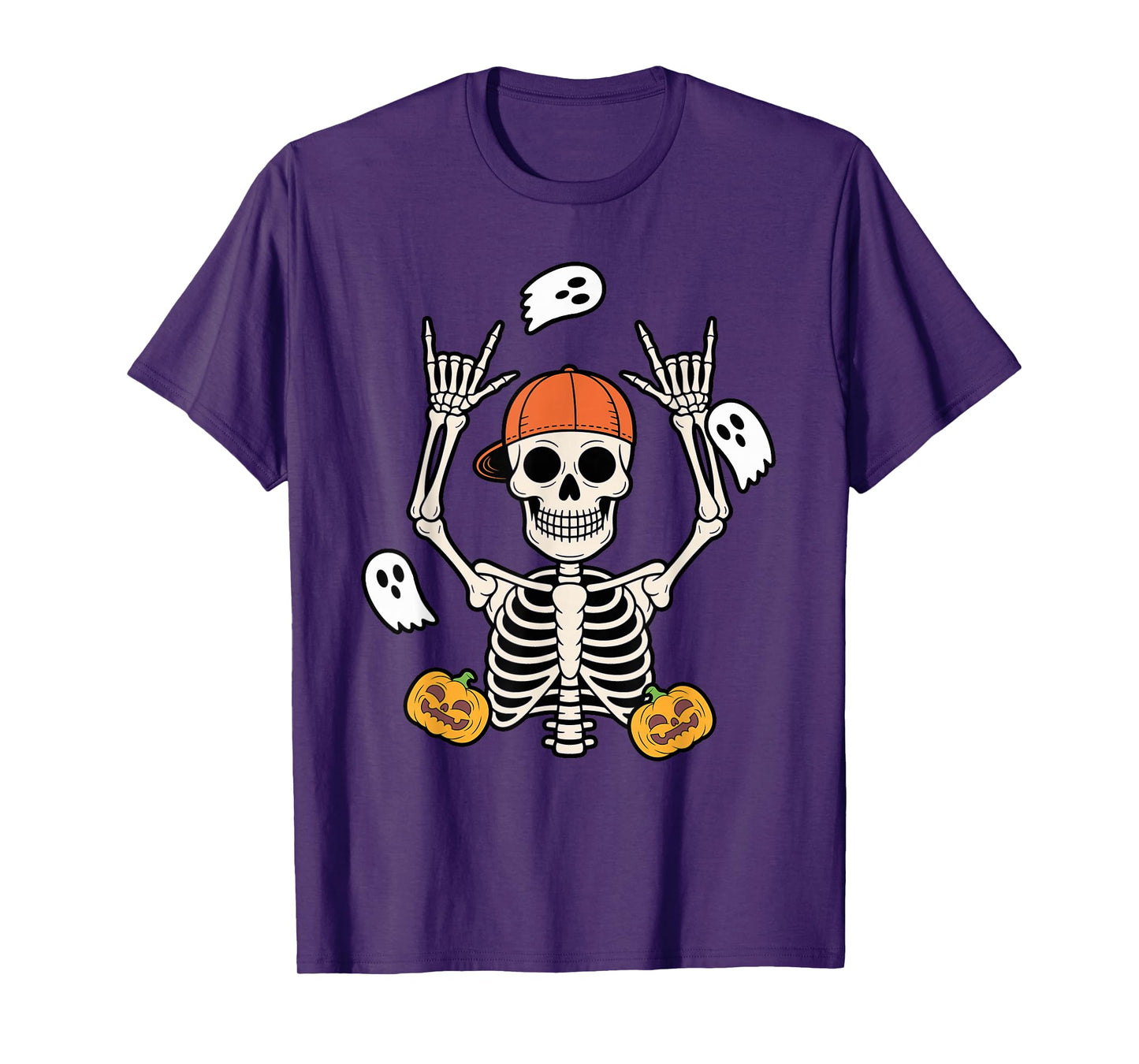 Halloween Skeleton with Pumpkins and Ghosts Rock Pose T-Shirt