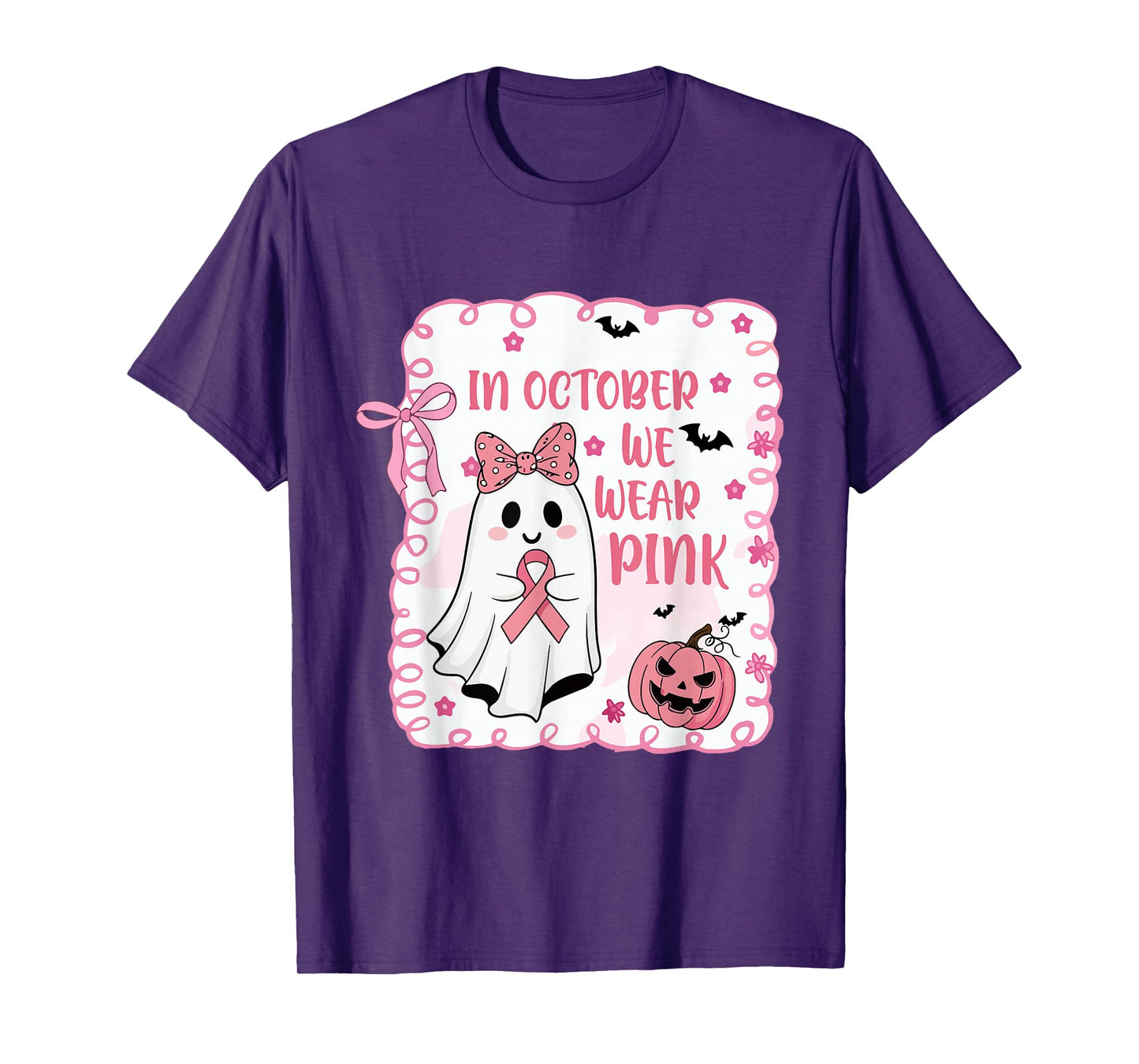 in October We Wear Pink Preppy Pink Ghost Halloween T-Shirt