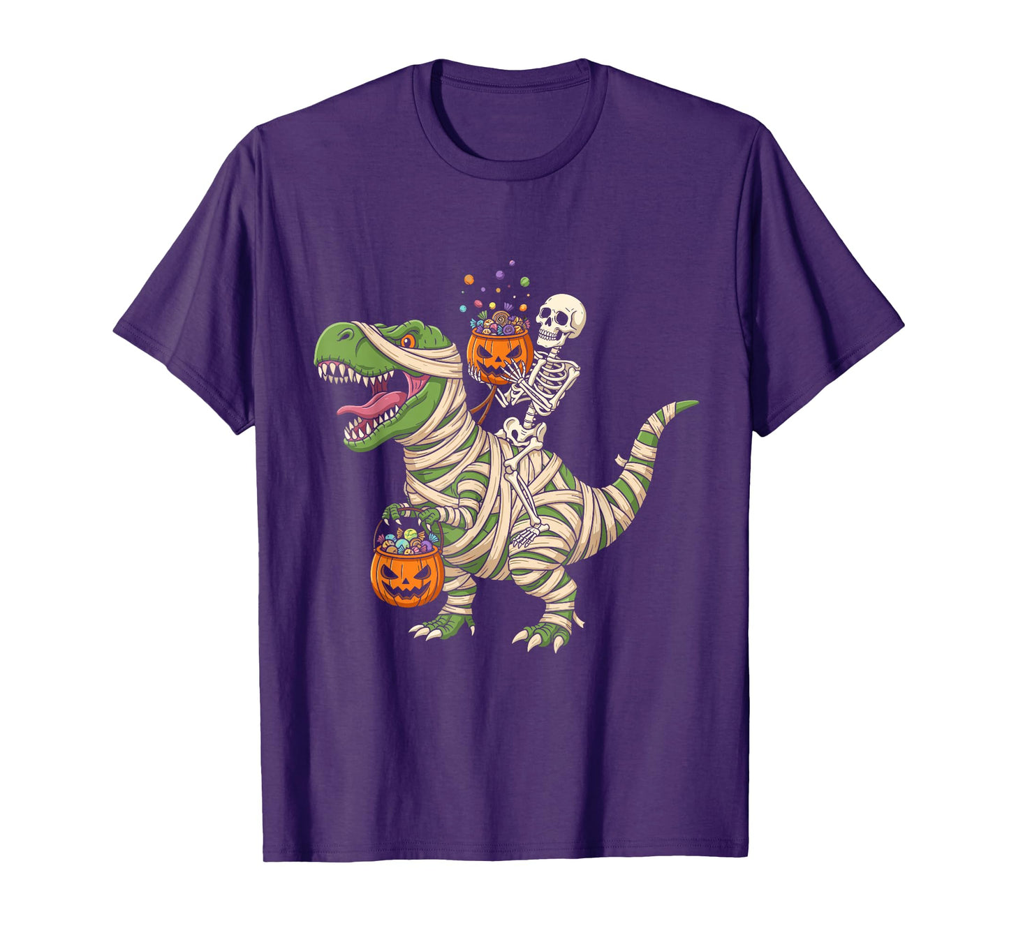 Skeleton Riding Mummy Dinosaur T-Rex Funny Halloween Pumpkin T-Shirt