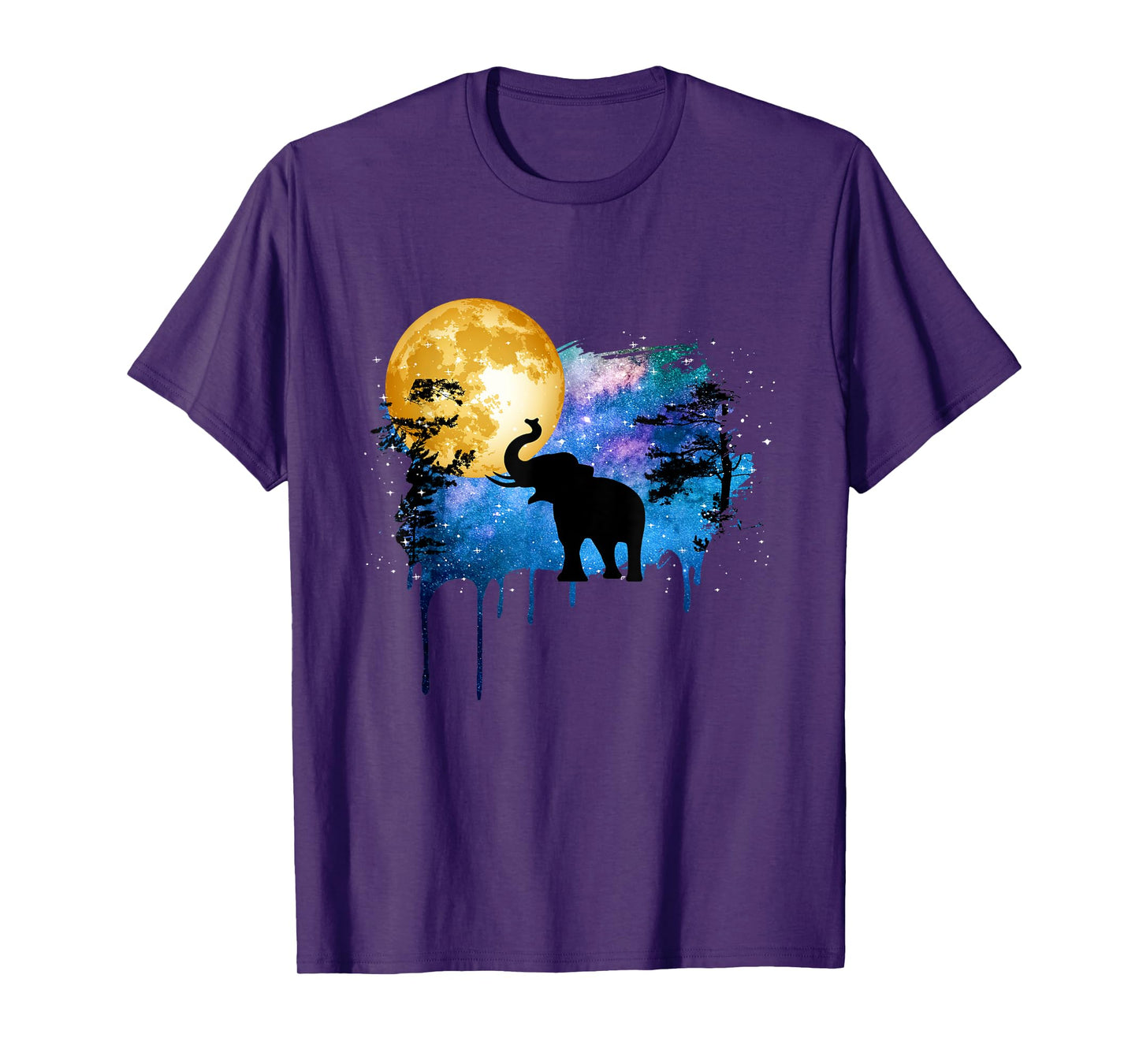 Elephant Full Moon Galaxy Star Night Nature Graphic Art T-Shirt