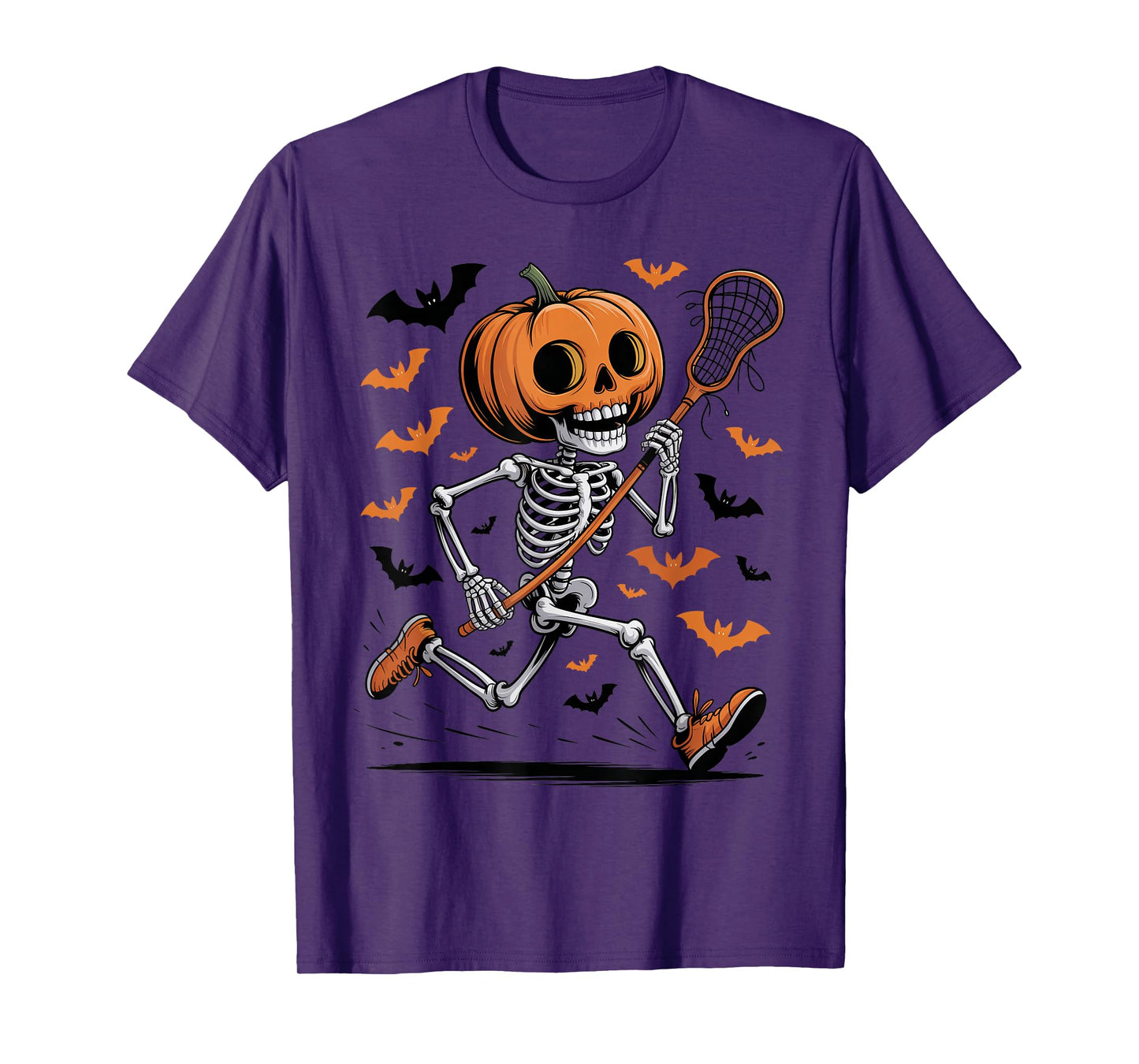 Funny Creepy Pumpkin Skeleton Playing Lacrosse Halloween T-Shirt