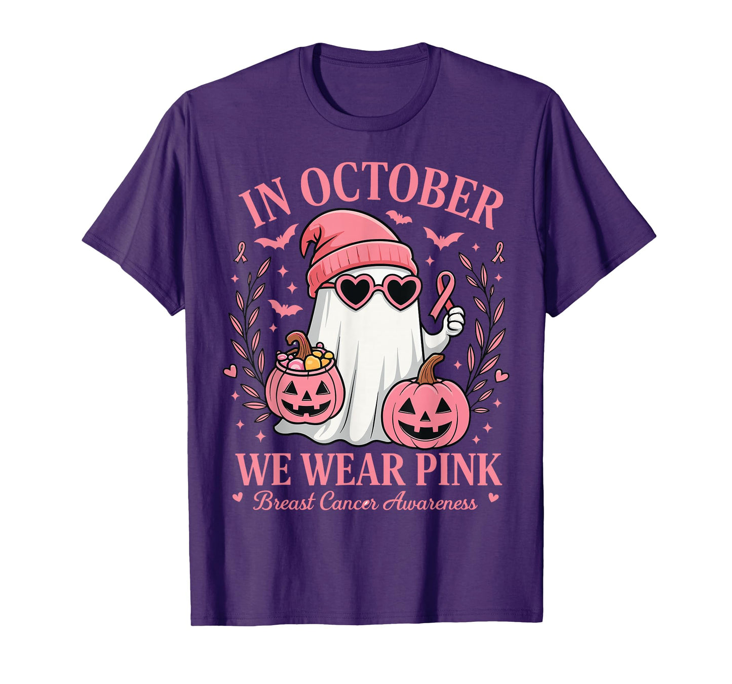 Boo in October We Wear Pink Breast Cancer Halloween Ghost T-Shirt