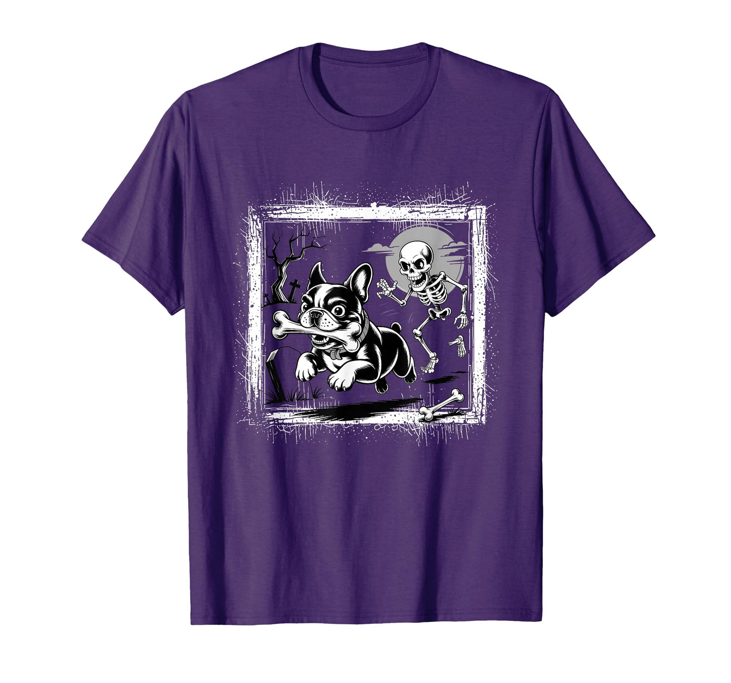 French Bulldog Chasing Skeleton with Bone Halloween T-Shirt