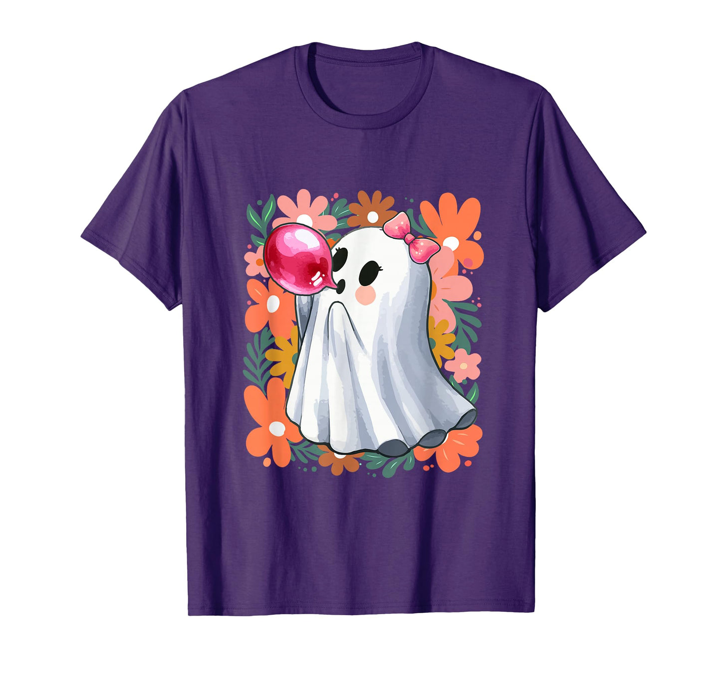 Floral Boo Ghost Bow Tie Blowing Bubble Halloween Women Girl T-Shirt