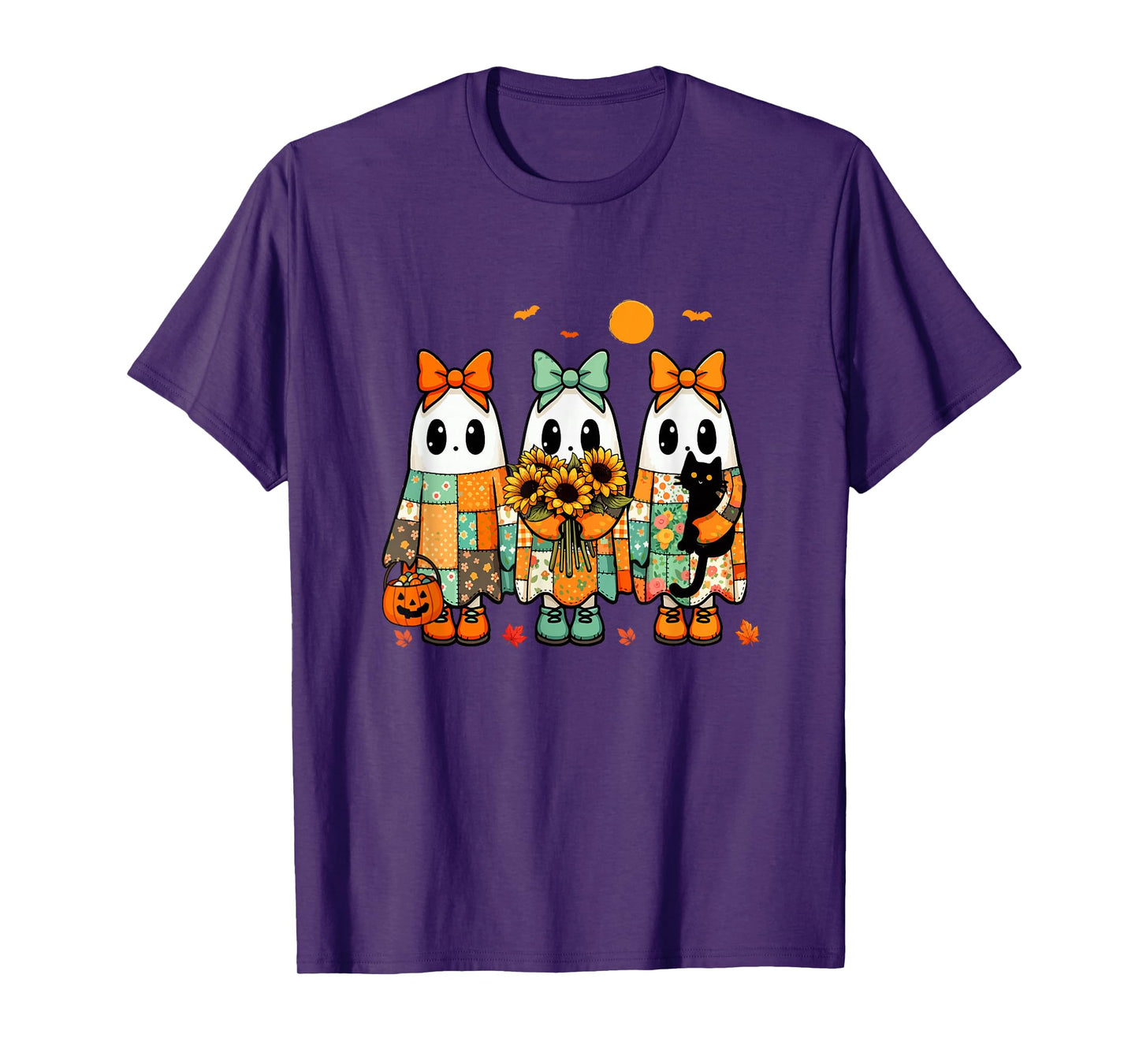 Three Colorful Floral Boos Bow Tie Halloween Girl Women Kids T-Shirt
