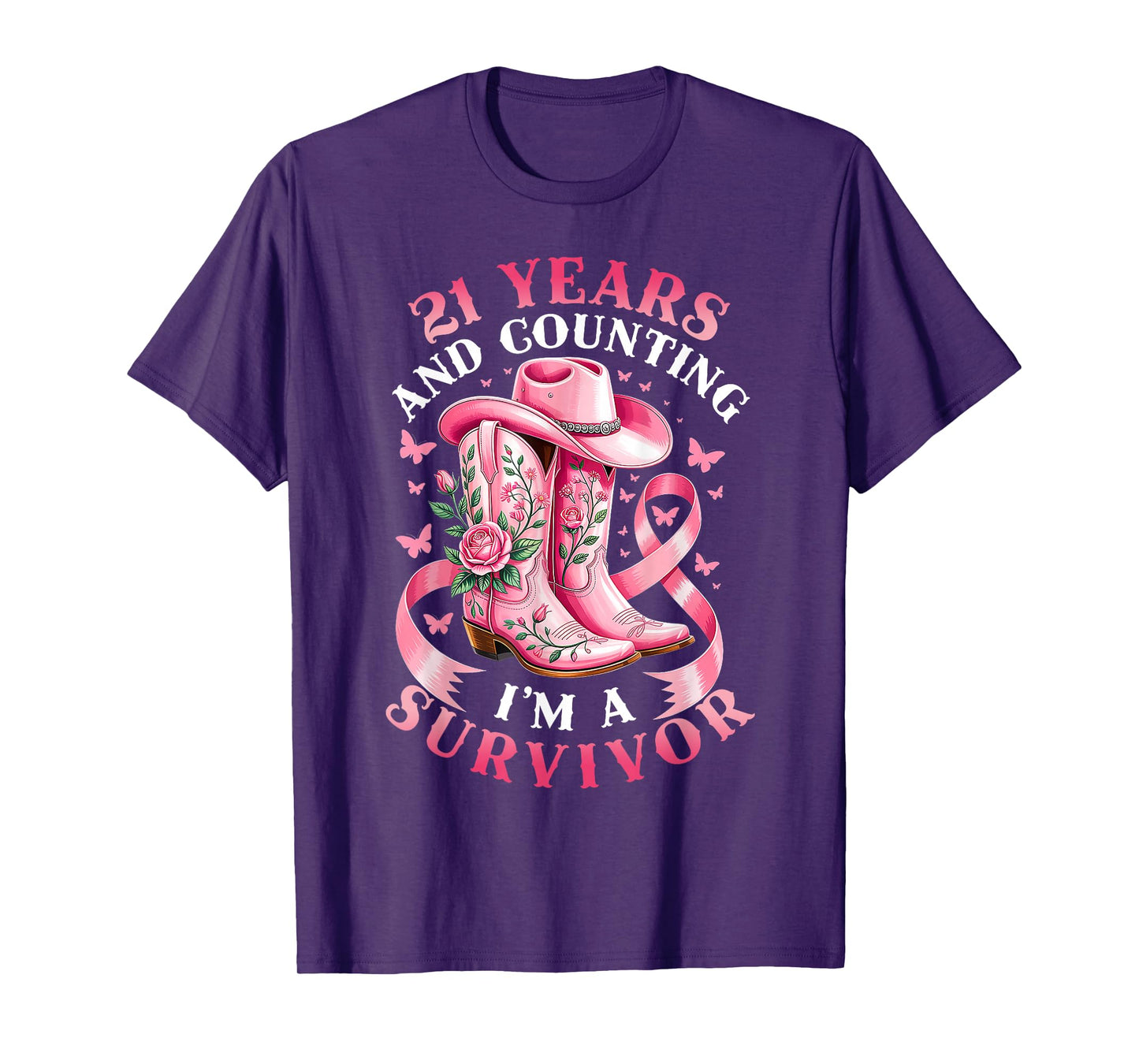 Breast Cancer 21 Years Survivor Pink Ribbon Cowgirl Gift T-Shirt