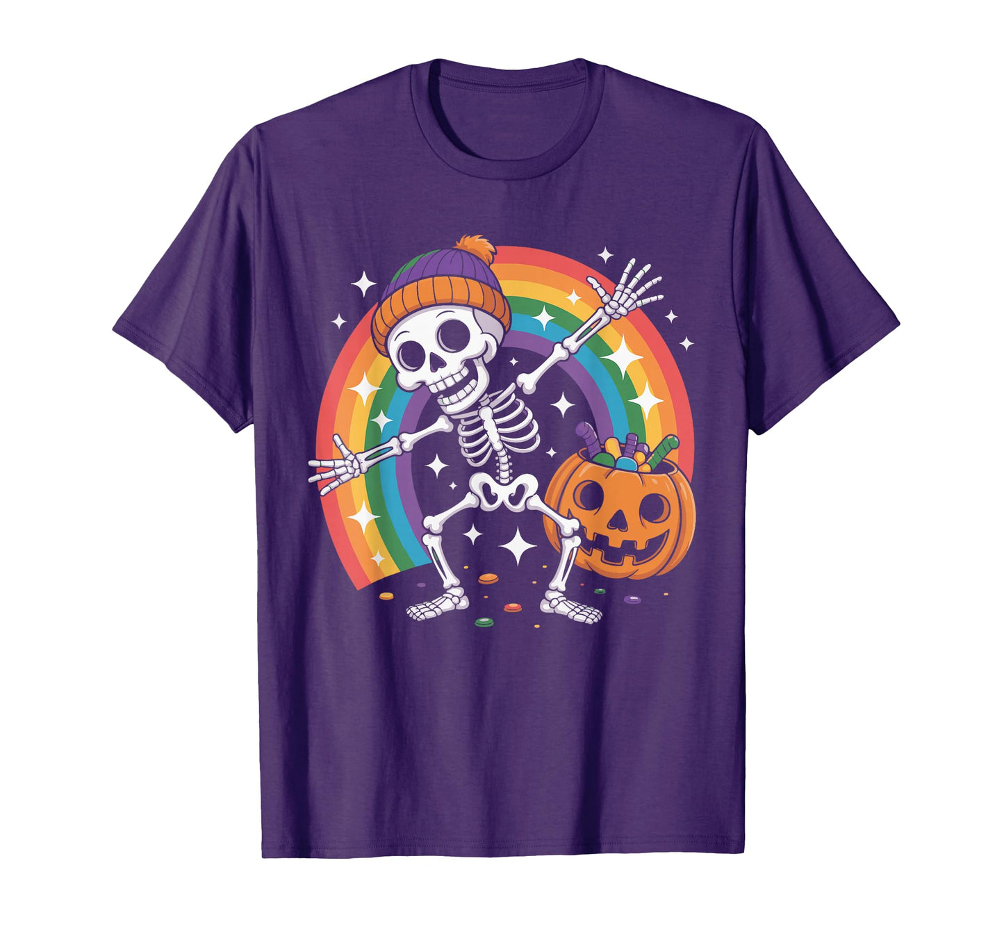 Rainbow Skeleton Pumpkin Trick or Treat Halloween Costume T-Shirt