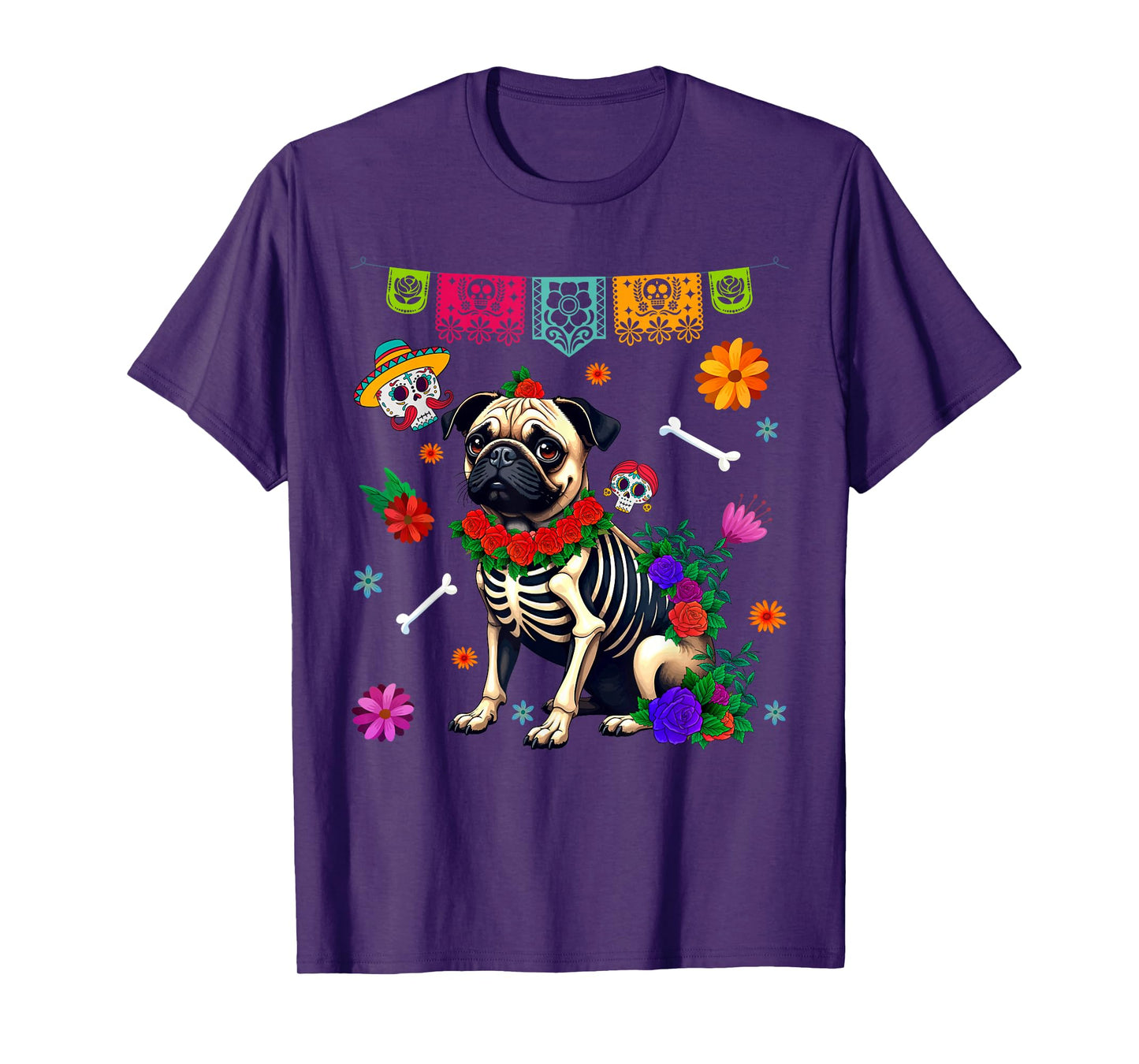 Funny Sugar Skull Pug Dog Flowers Dia de Muertos Halloween T-Shirt for Men Women