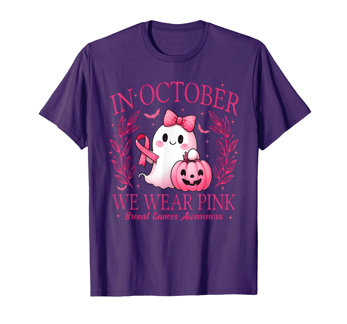 in October We Wear Pink Ghost Witch Breast Cancer Awareness T-Shirt