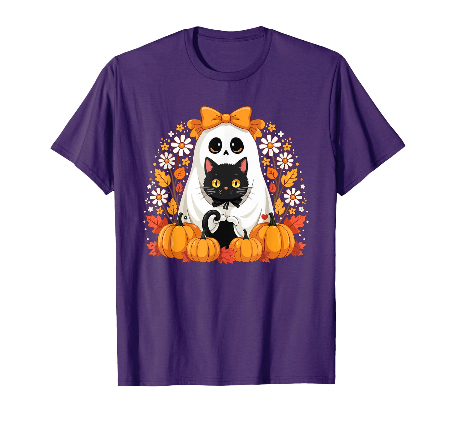 Ghost Holding Black Cat Groovy Aesthetic Flowers Halloween T-Shirt