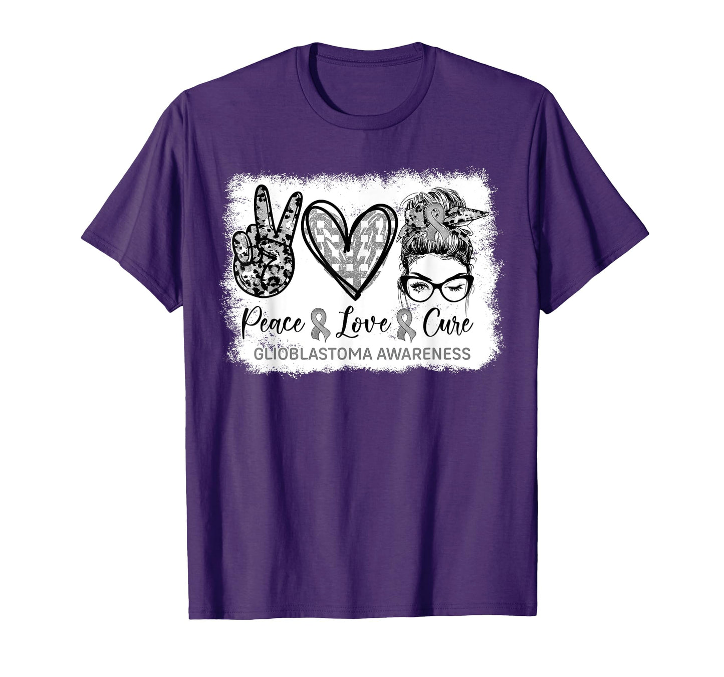 Messy Bun Peace Love Cure Gray Ribbon Glioblastoma Awareness T-Shirt