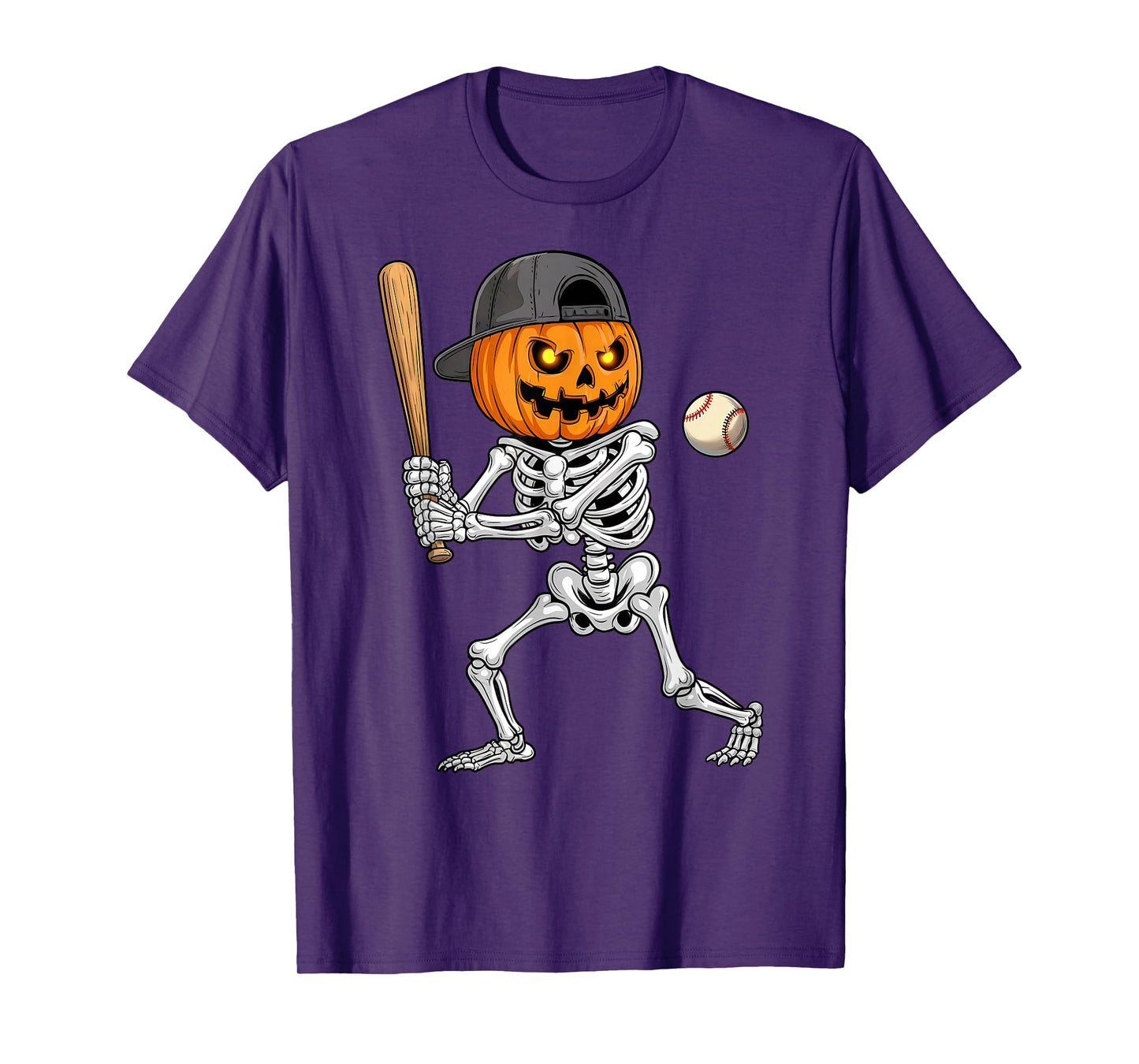 Pumpkin Skeleton Playing Baseball Halloween Men Kids Boys T-Shirt