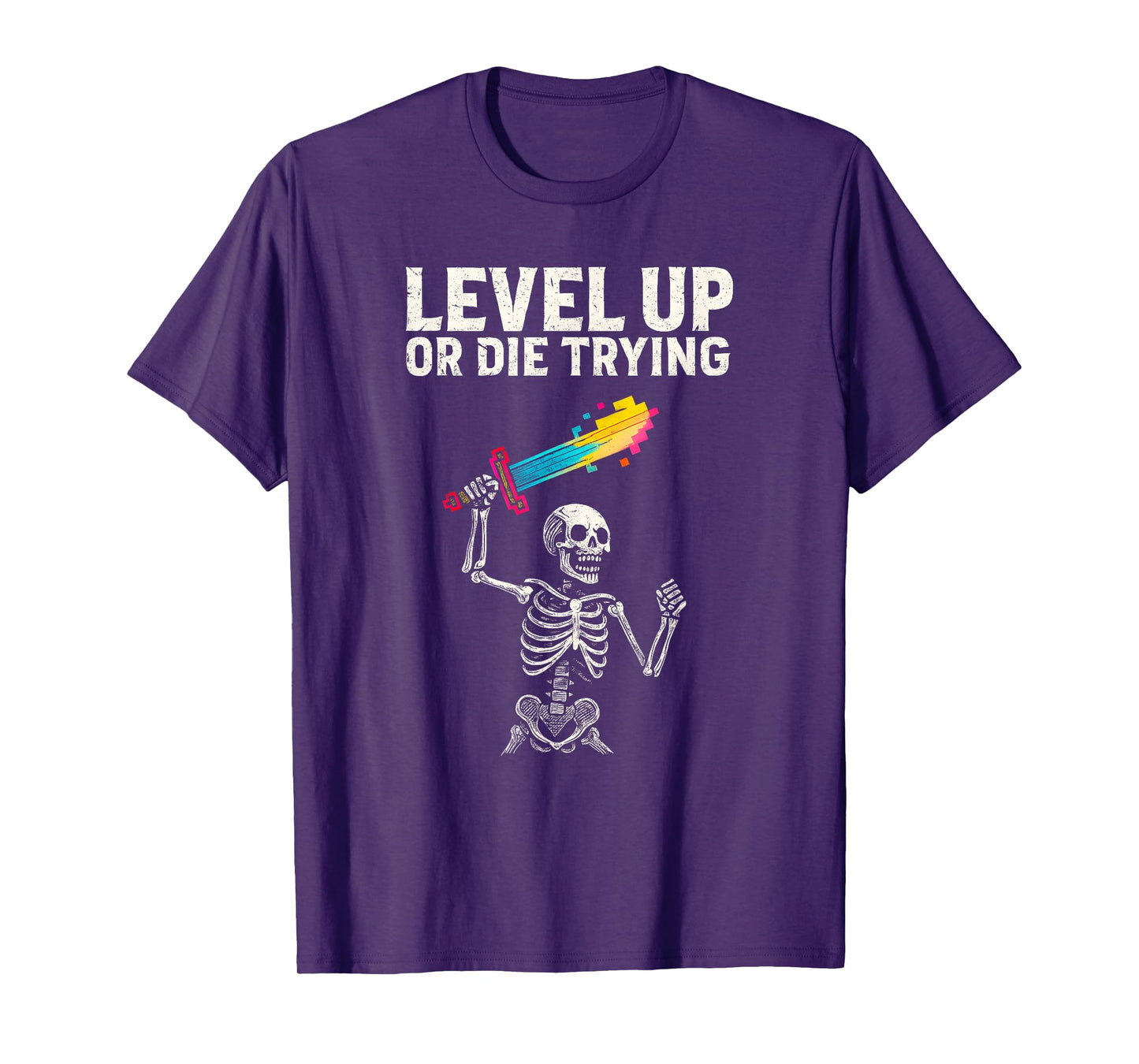 Motivation Gamer Skeleton Holding A Colorful Pixelated Sword T-Shirt