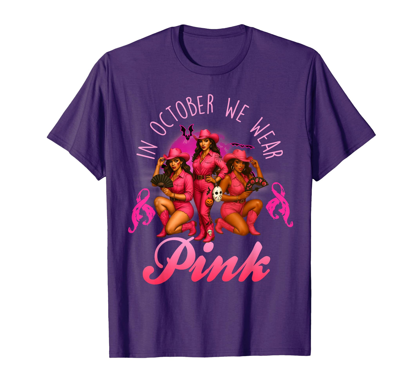 in October We Wear Pink Breast Cancer Halloween Cowgirl T-Shirt