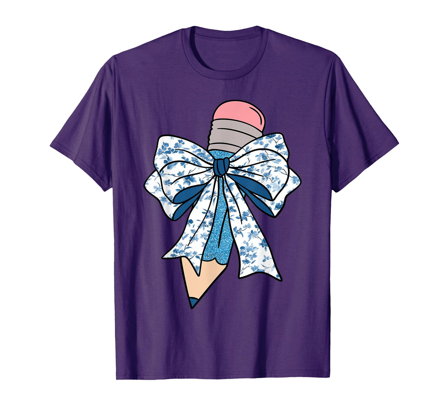 Pencil Teacher Coquette Toile Blue Bow Floral Pattern T-Shirt