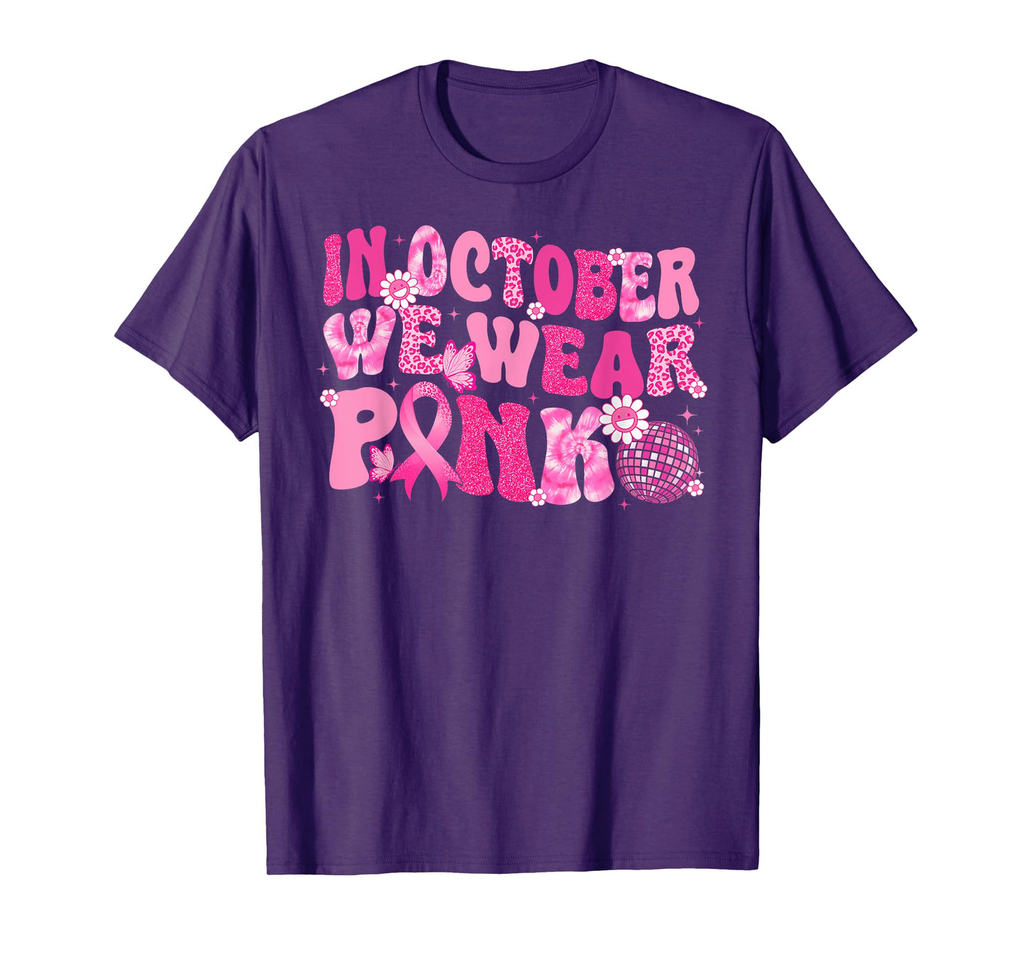 In October We Wear Pink Breast Cancer Awareness Disco Retro T-Shirt