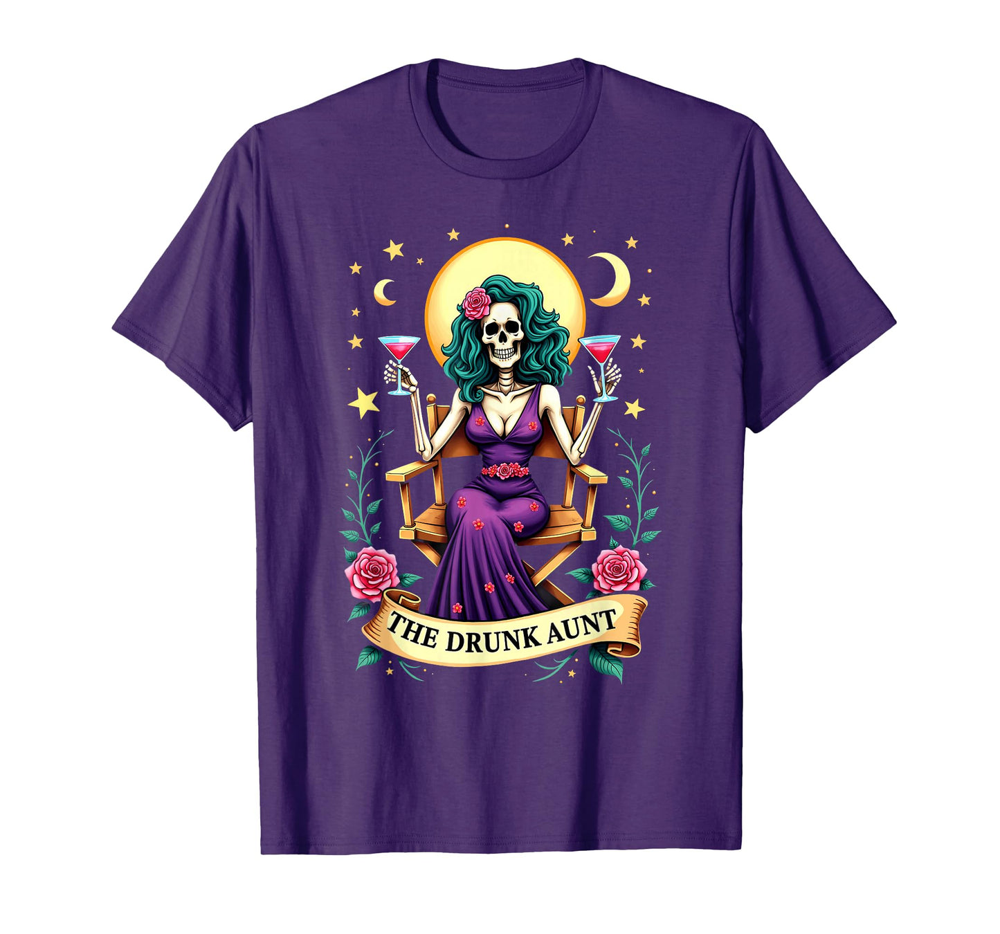 Gothic Tarot Card The Drunk Aunt Skeleton Halloween T-Shirt