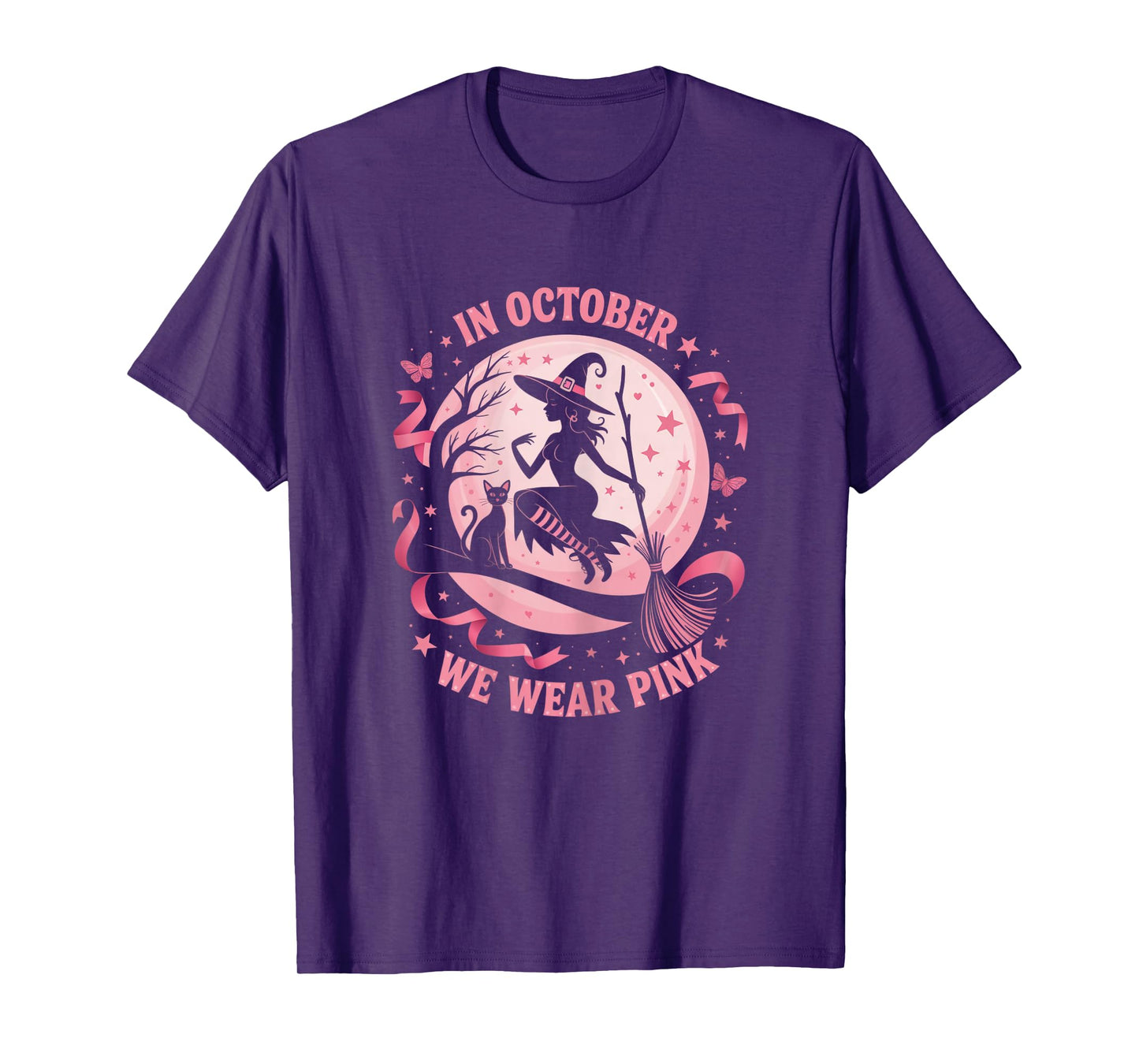 in October We Wear Pink Witch Halloween Awareness Women T-Shirt