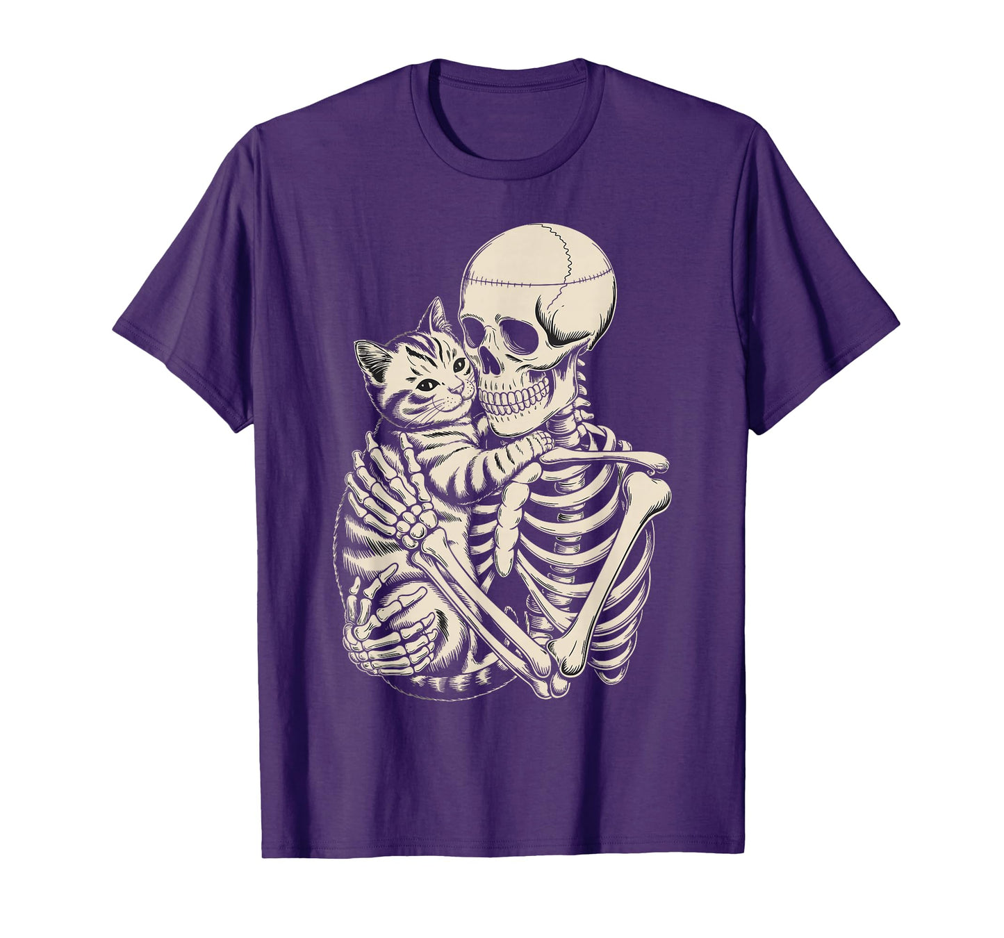 Skeleton Hugging Cat Funny Halloween Cat Lover T-Shirt