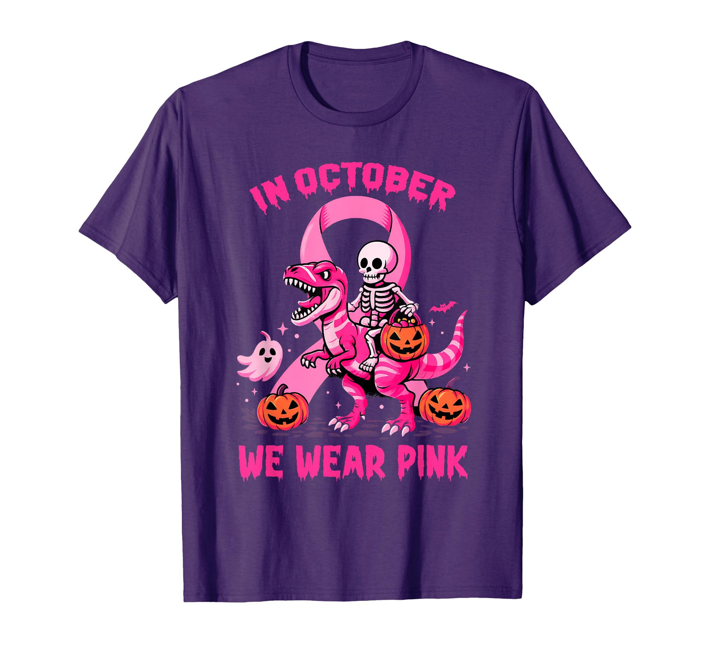 in October We Wear Pink Breast Cancer Skeleton and Dinosaur T-Shirt