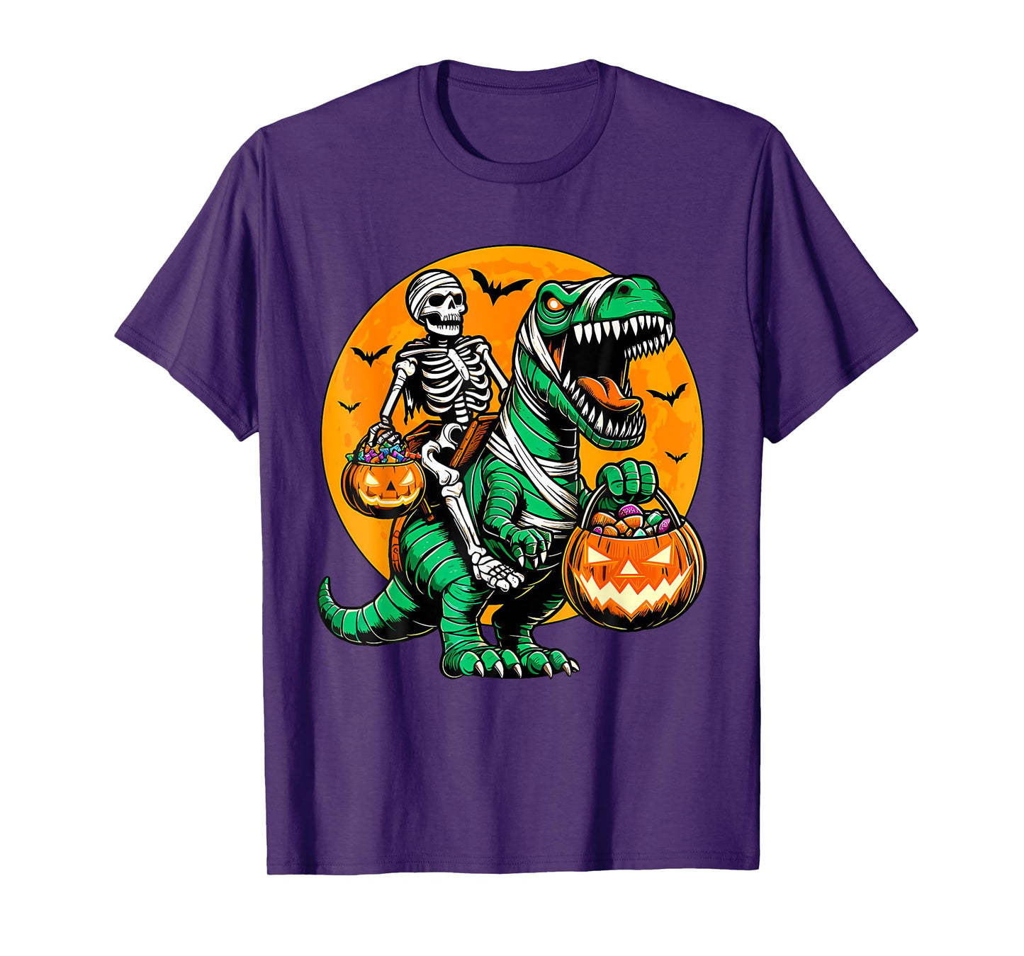 Funny Skeleton Riding Dinosaur Pumpkin Spooky Trex Halloween T-Shirt