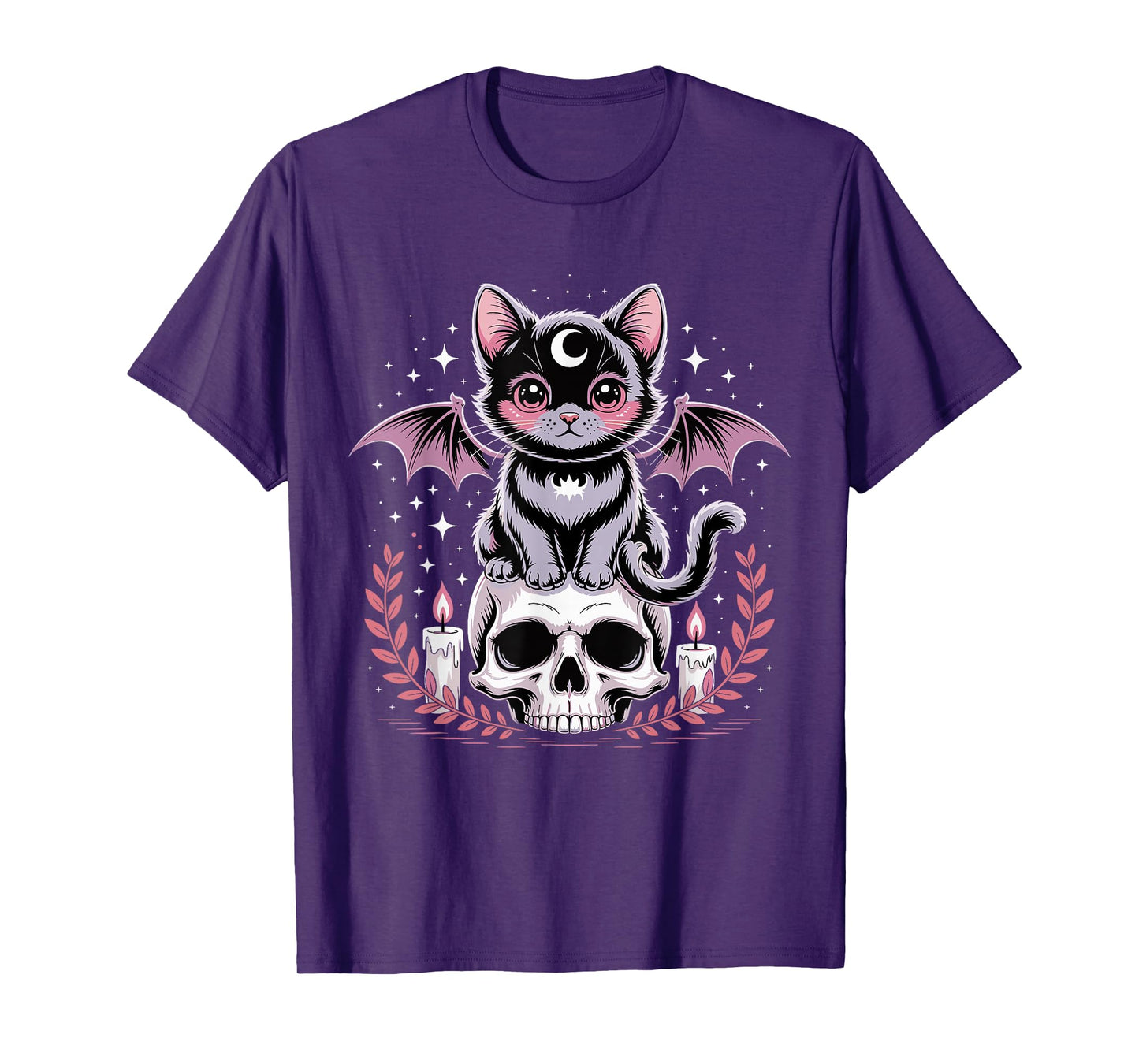 Cute Pink Bat Cat Sitting On Skull Skeleton Candles Design T-Shirt