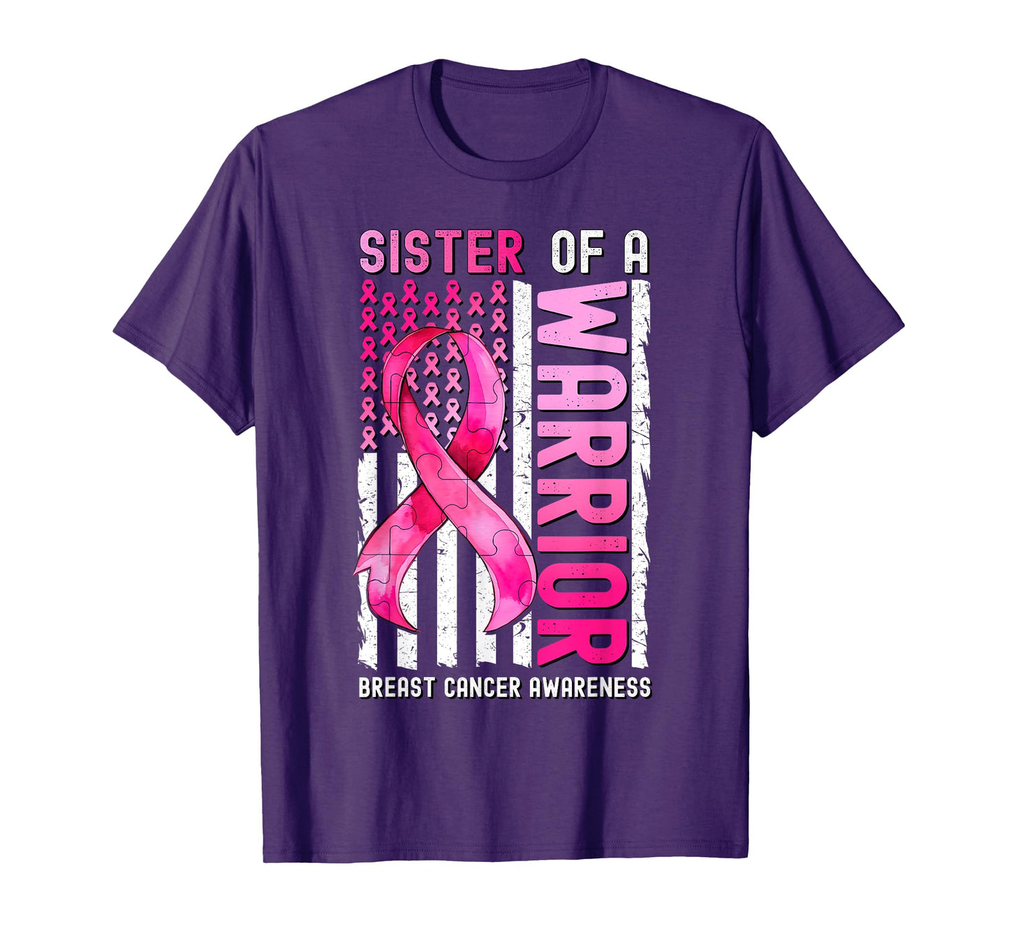 Sister Of A Warrior Breast Cancer USA Flag Awareness Pink Women Kids Men T-Shirt