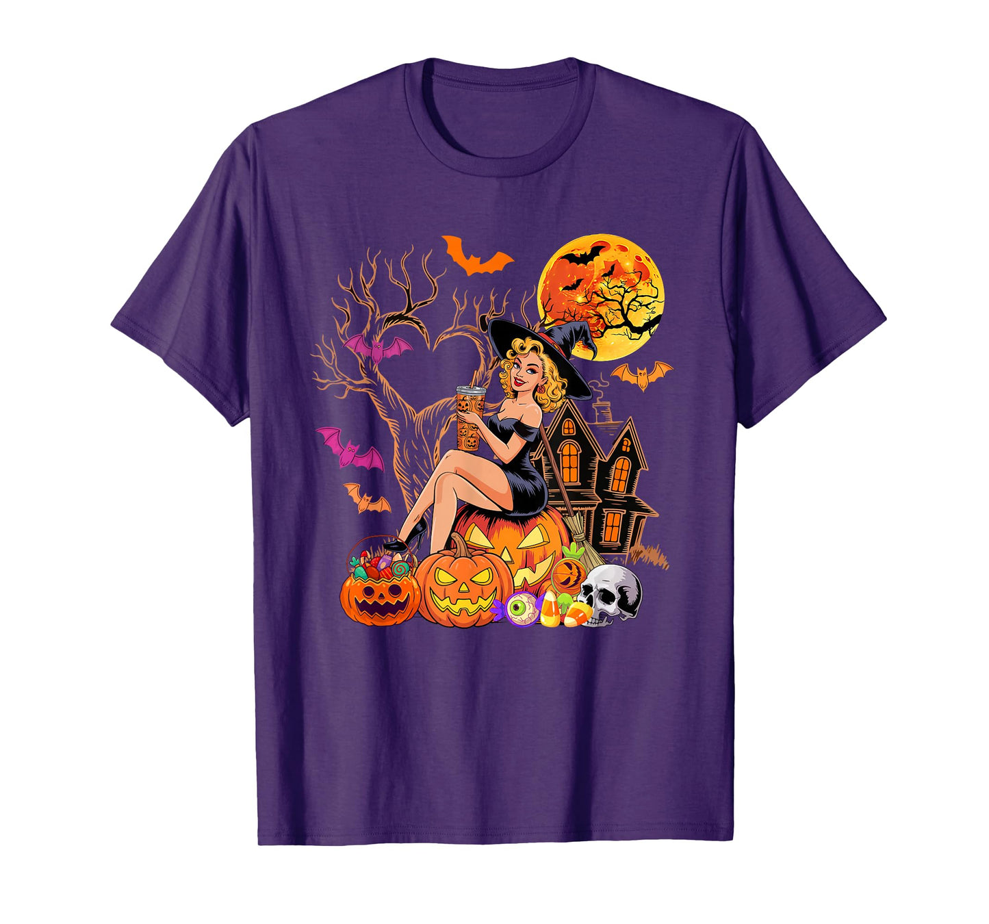 Witch Drinking Coffee Halloween Carved Pumpkin Funny Parties T-Shirt