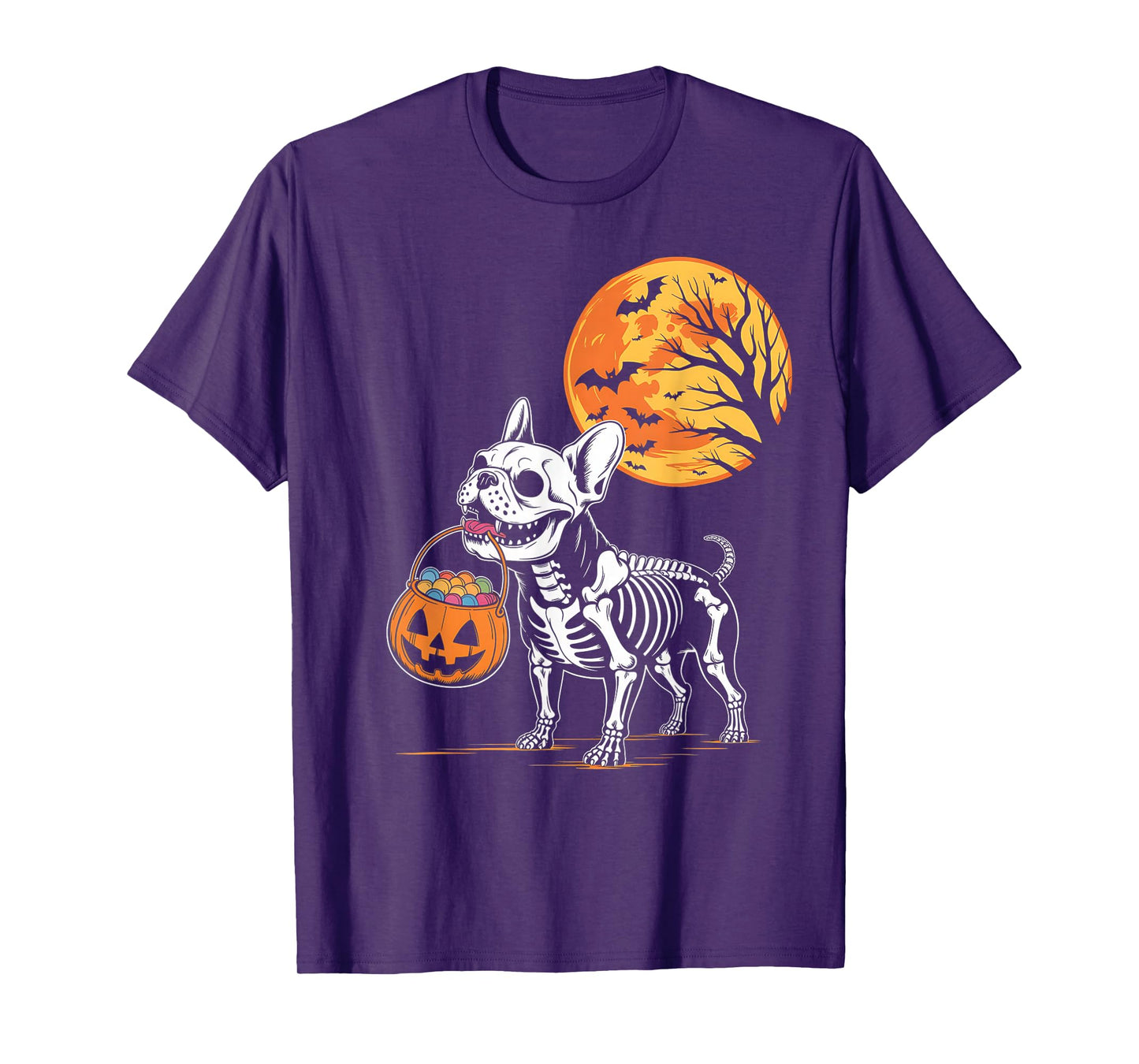 Funny French Bulldog Skeleton Scary Pumpkin Moon Halloween T-Shirt