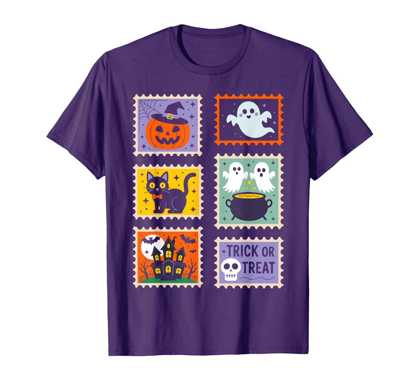 Halloween Stamps Spooky Pumpkin Ghost Cat Witch Skeleton T-Shirt