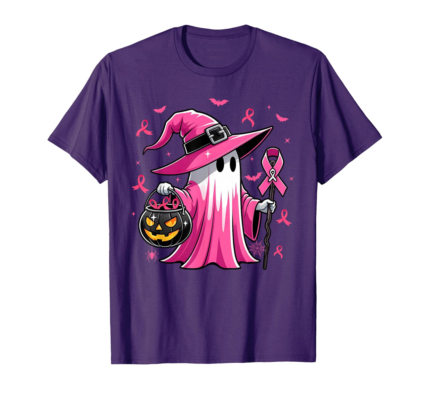 Halloween Pink Ghost Witch Breast Cancer Awareness Women T-Shirt