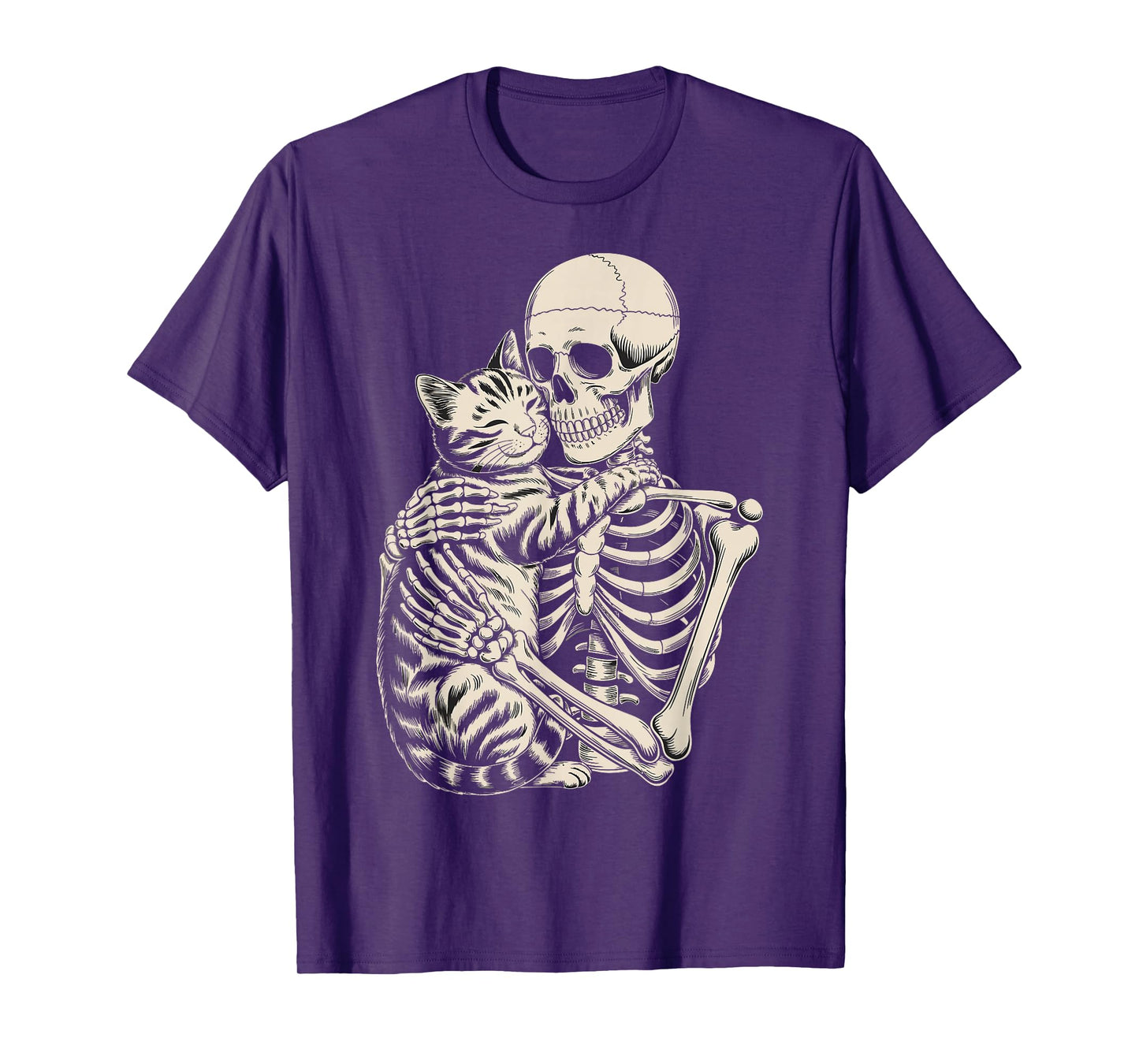 Skeleton Hugging Cat Funny Halloween Cat Lover T-Shirt