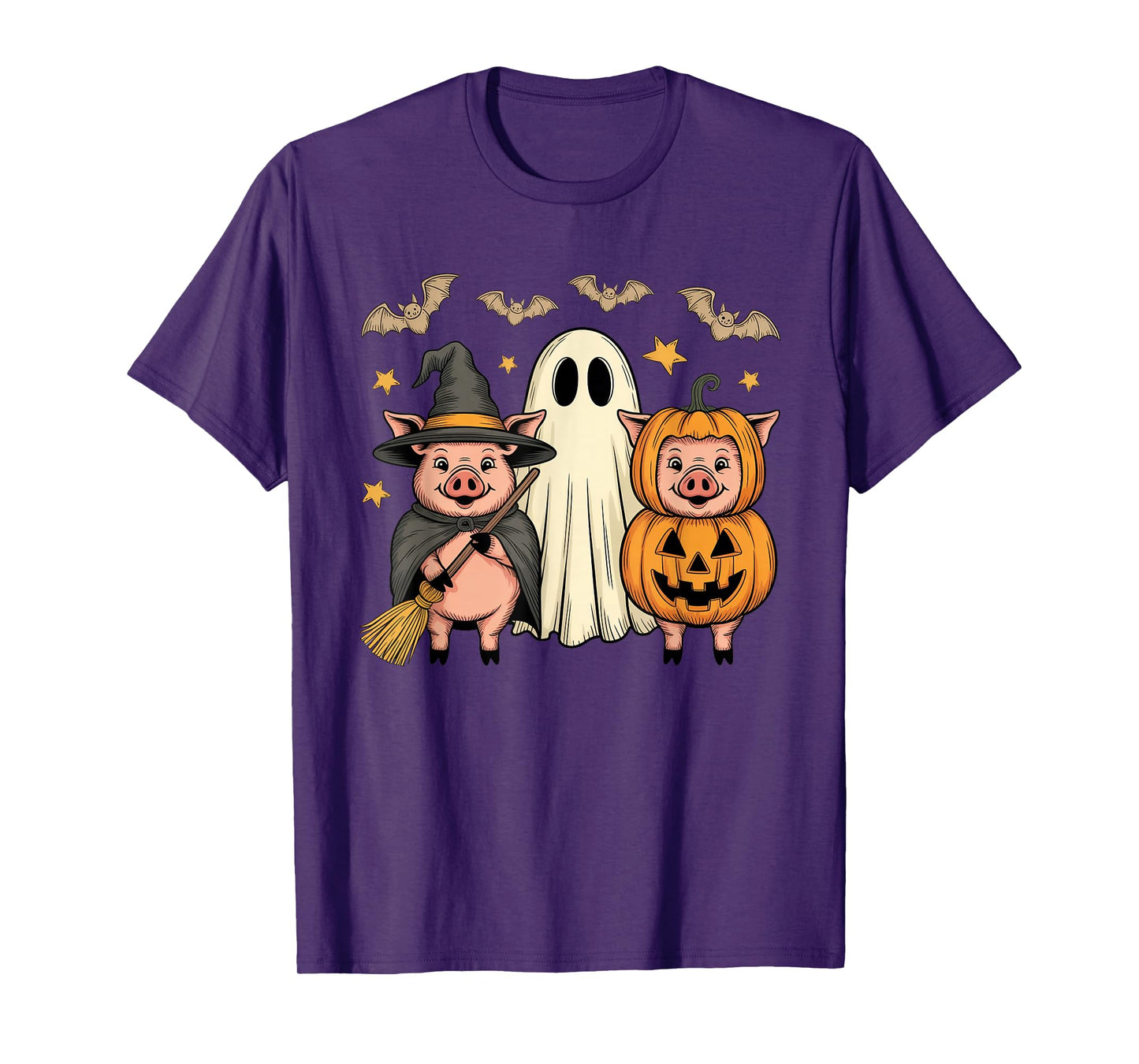 Three Halloween Pigs Cosplay Witch Boo Carved Pumpkin T-Shirt