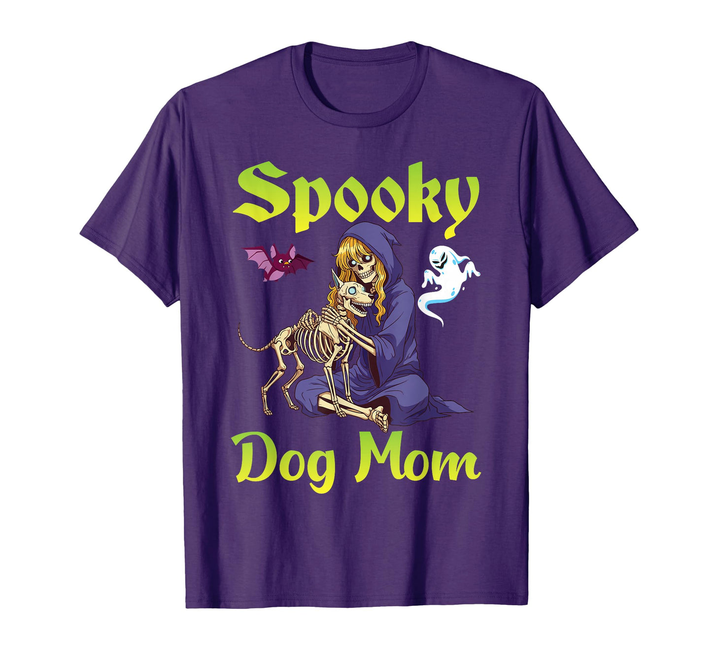 Spooky Dog Mom Halloween Skeleton Witch with Ghosts and Bat T-Shirt