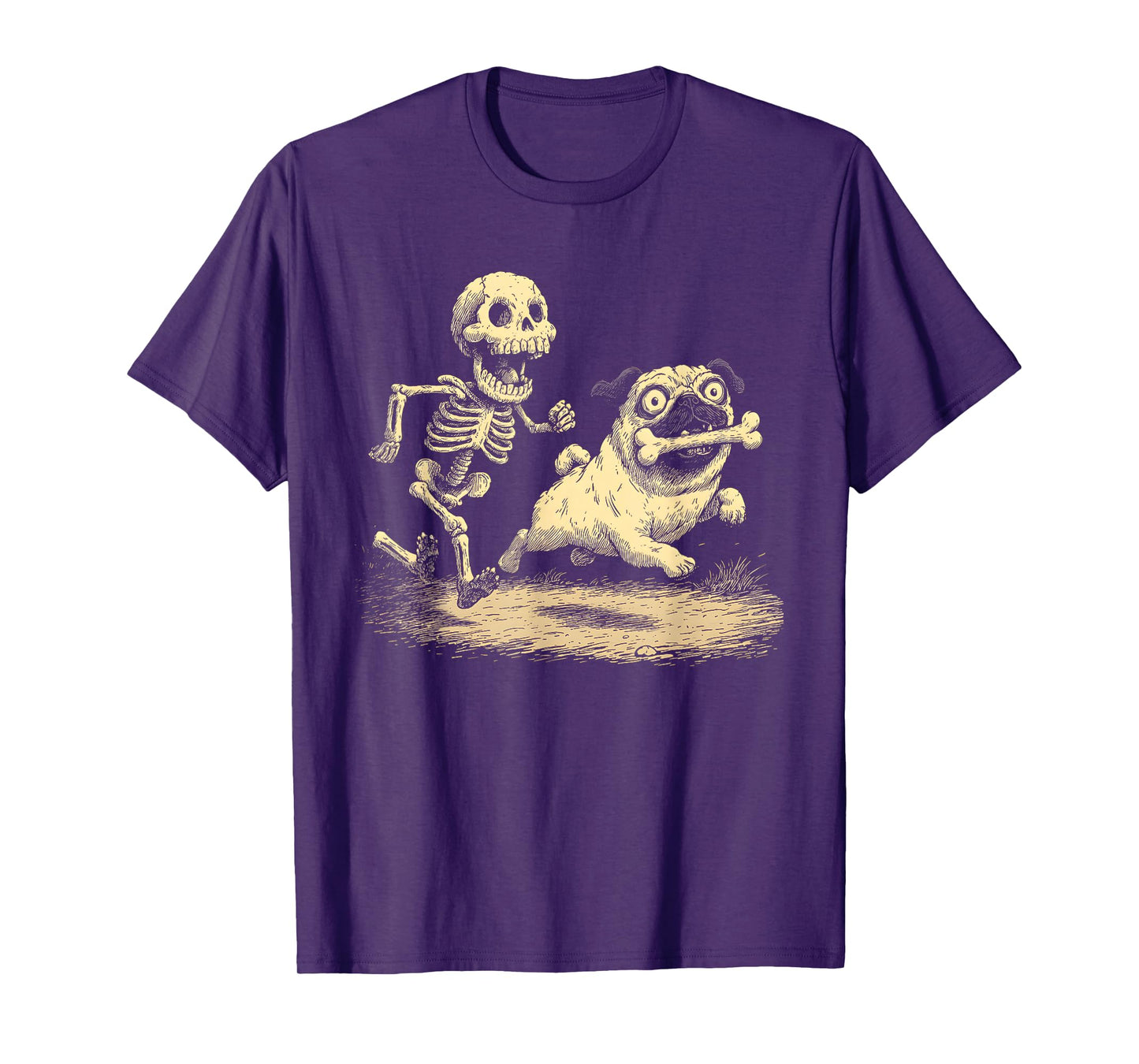 Funny Skeleton Chasing Pug Halloween T-Shirt