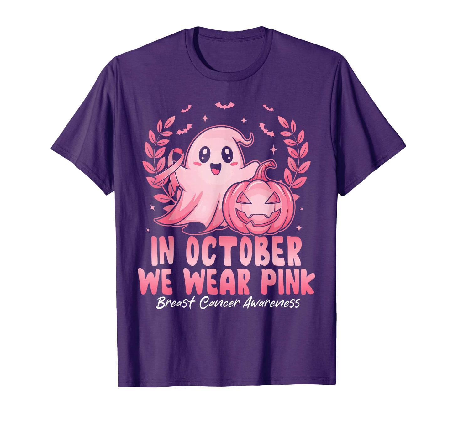 in October We Wear Pink Ghost Witch Breast Cancer Awareness T-Shirt