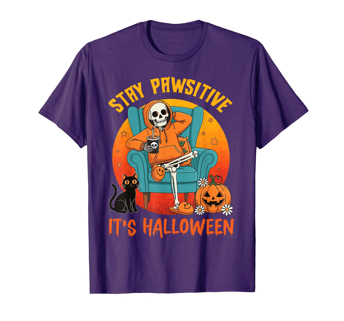 Stay Pawsitive, it’s Halloween Black Cat Paw Spooky Skeleton T-Shirt