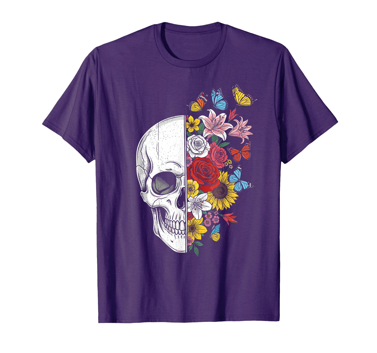 Half Skull with Flowers Funny Halloween Costume Spooky T-Shirt