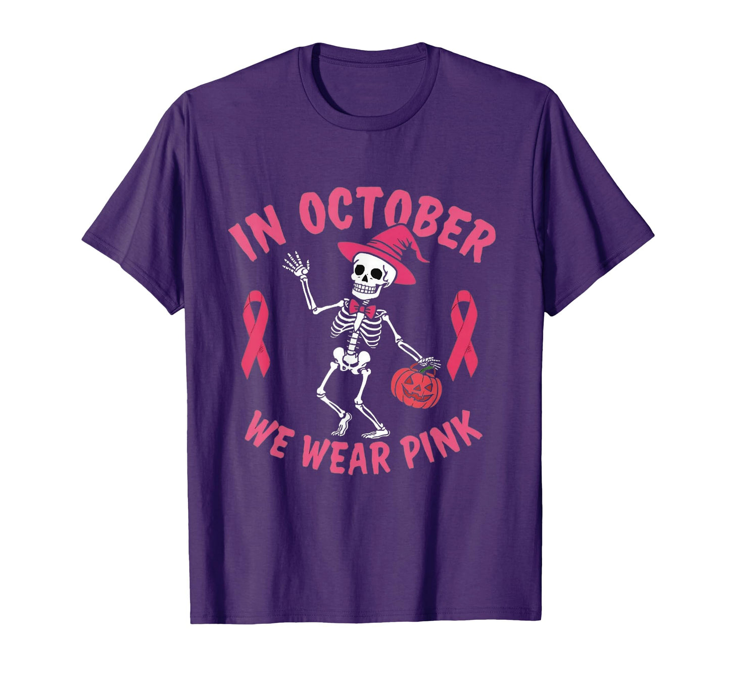 in October We Wear Pink Breast Cancer Skeleton Halloween T-Shirt